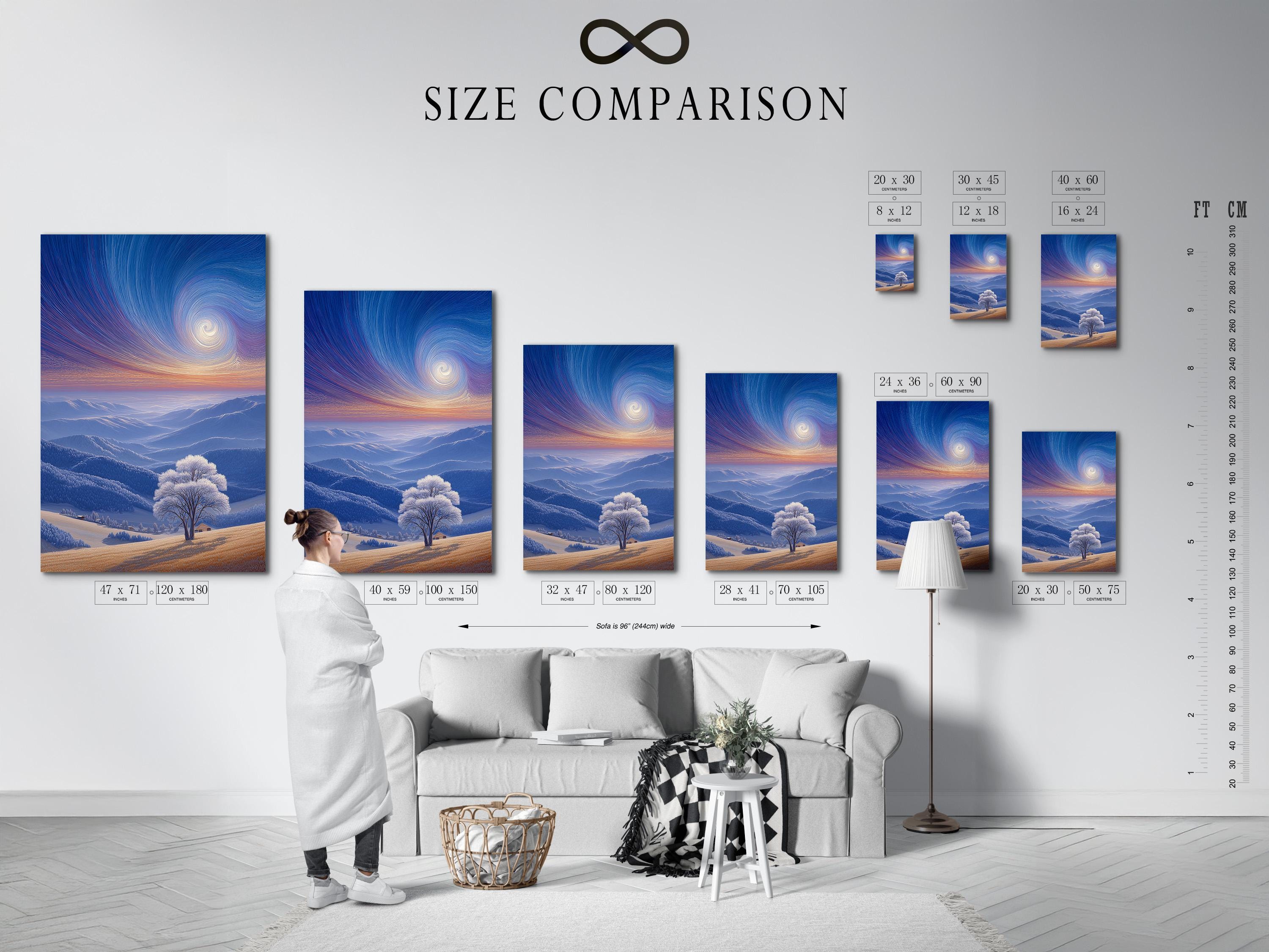 Room mockup showing a framed winter sky mountain landscape artwork on a wall