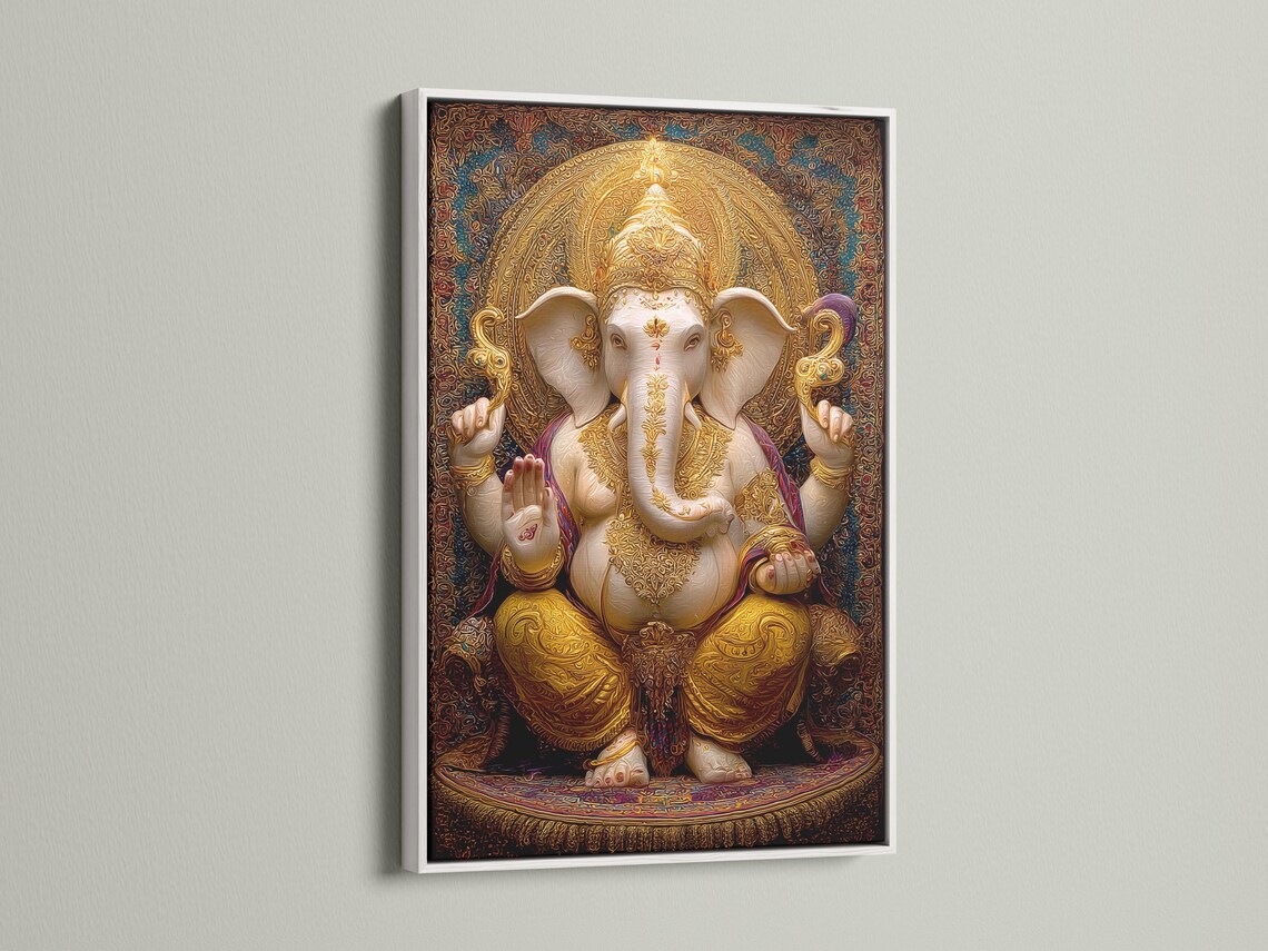 Room mockup showing a framed golden elephant-headed deity artwork with ornate halo design