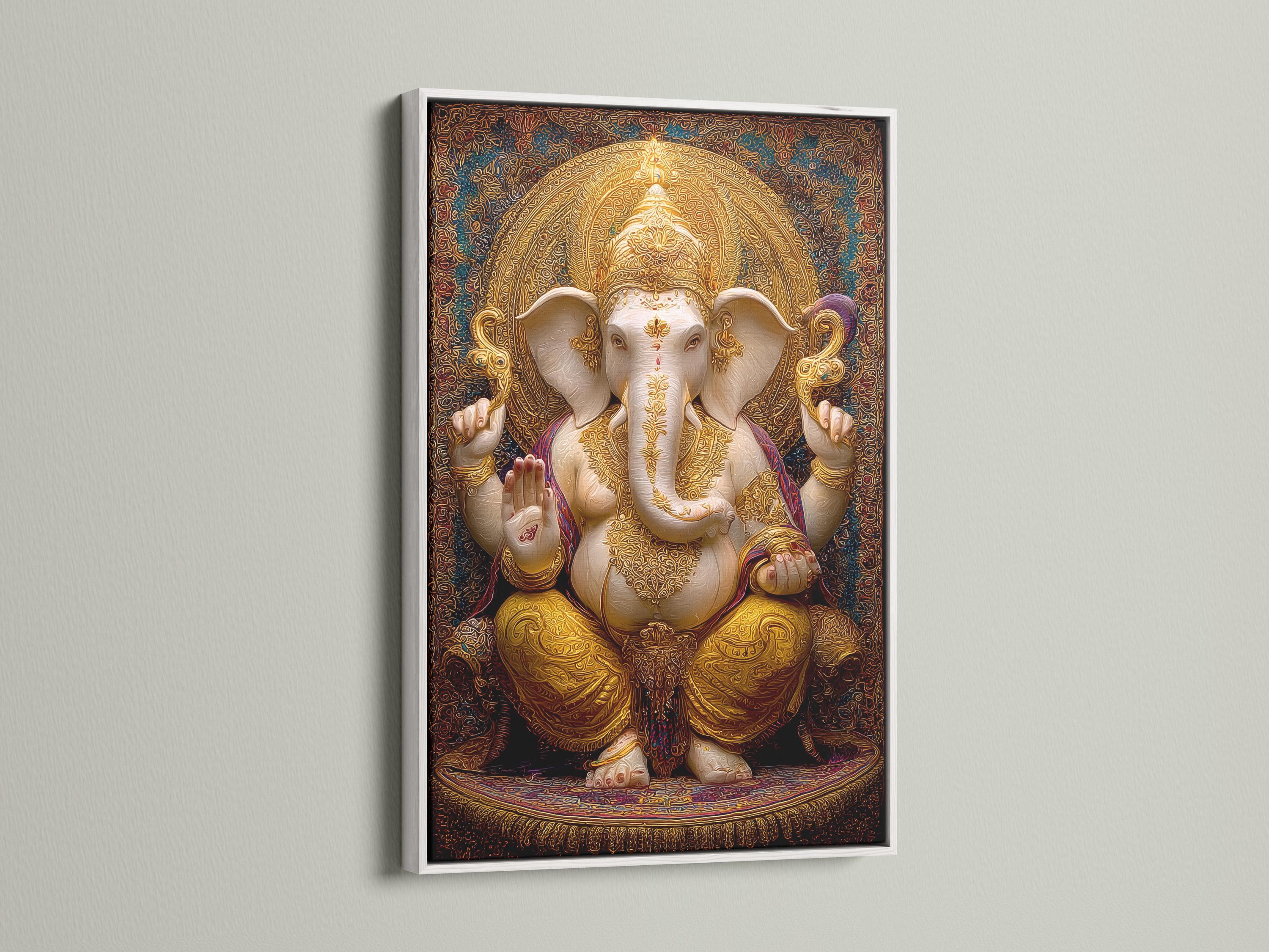 Room mockup showing a framed golden elephant-headed deity artwork with ornate halo design