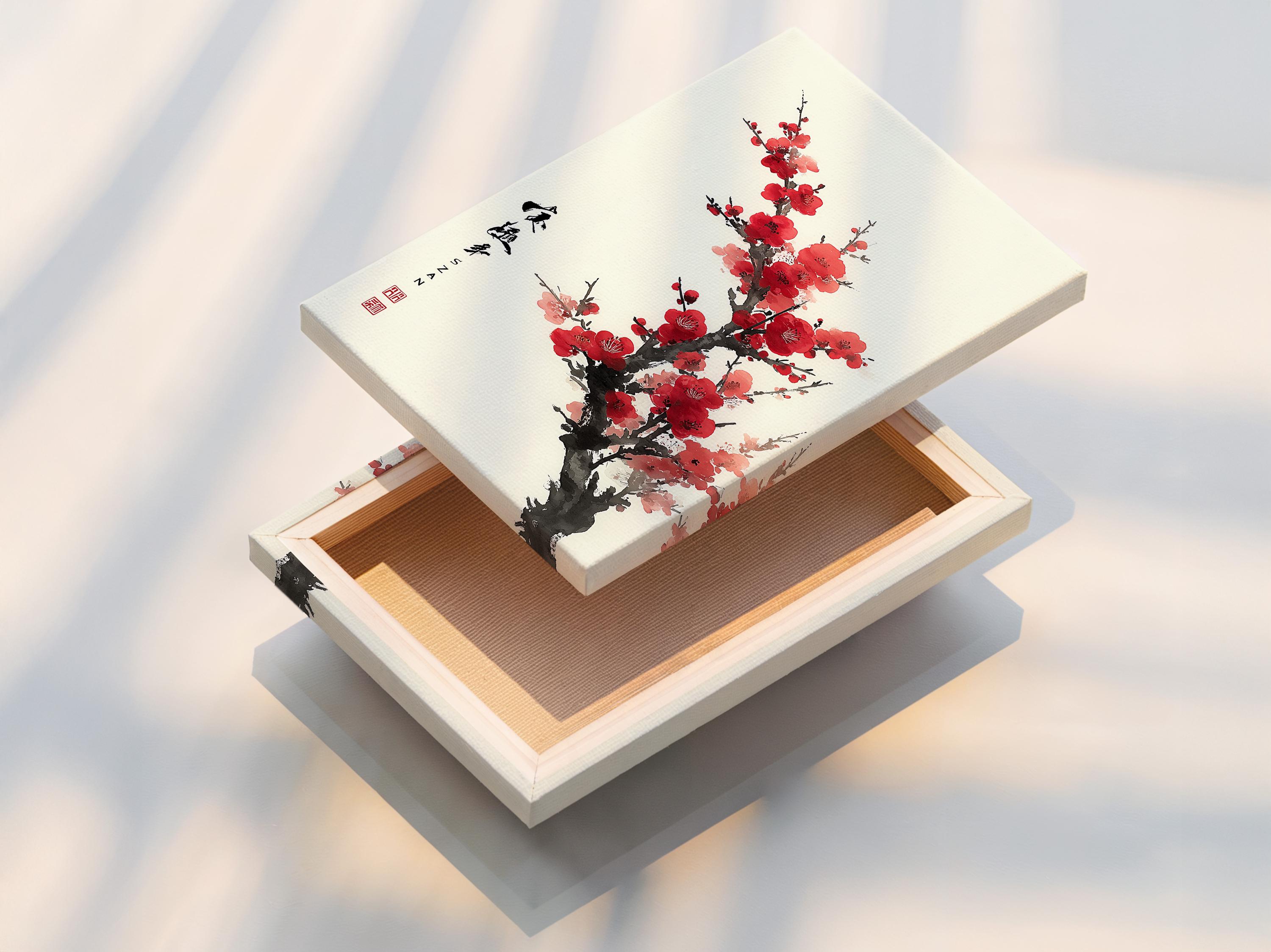 Red and pink plum blossoms on a black ink tree branch with vertical calligraphy and a red seal detail view