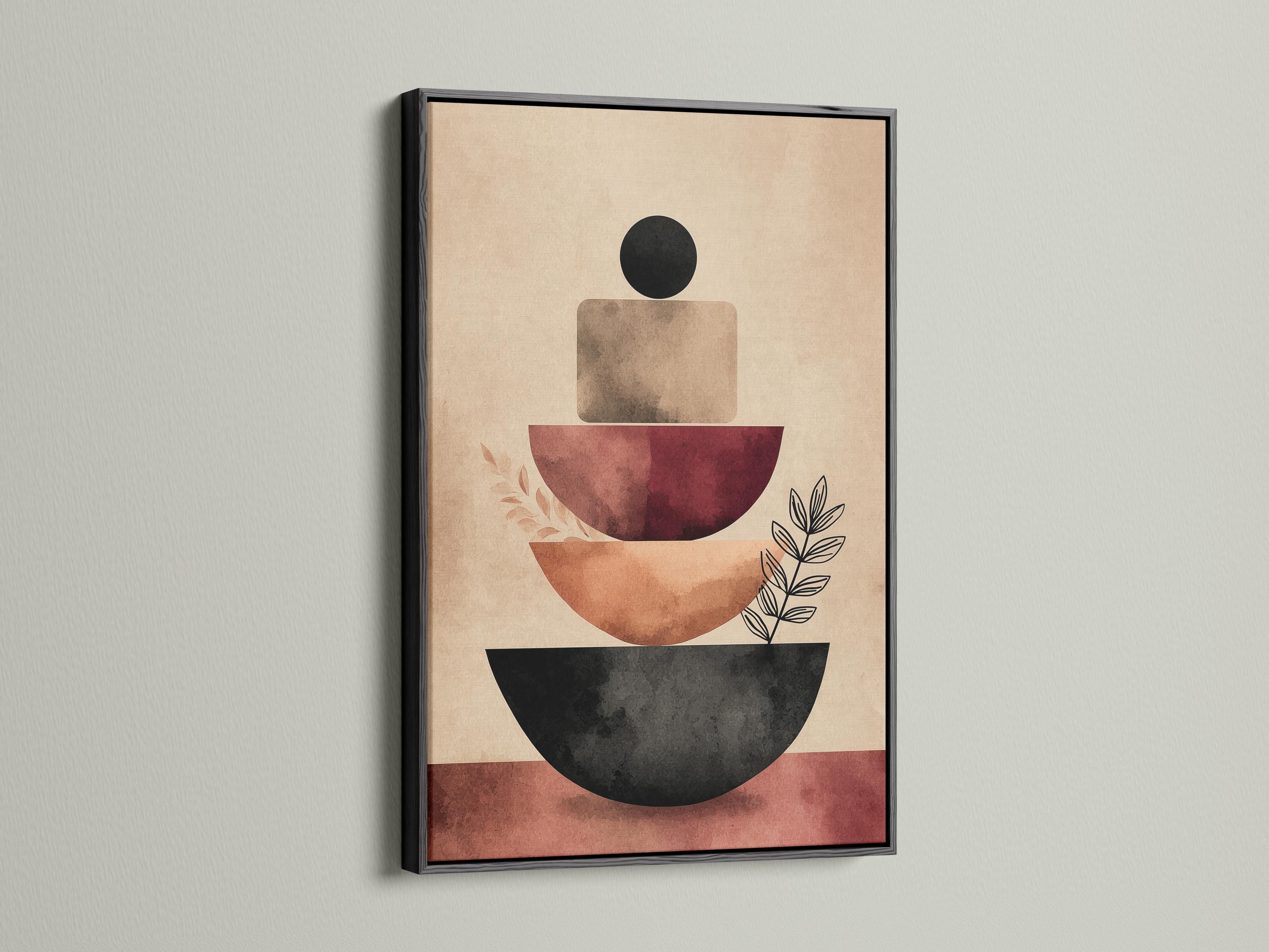 Geometric abstract artwork with stacked curved shapes in black and terracotta on a warm beige background and small leaf linework detail view