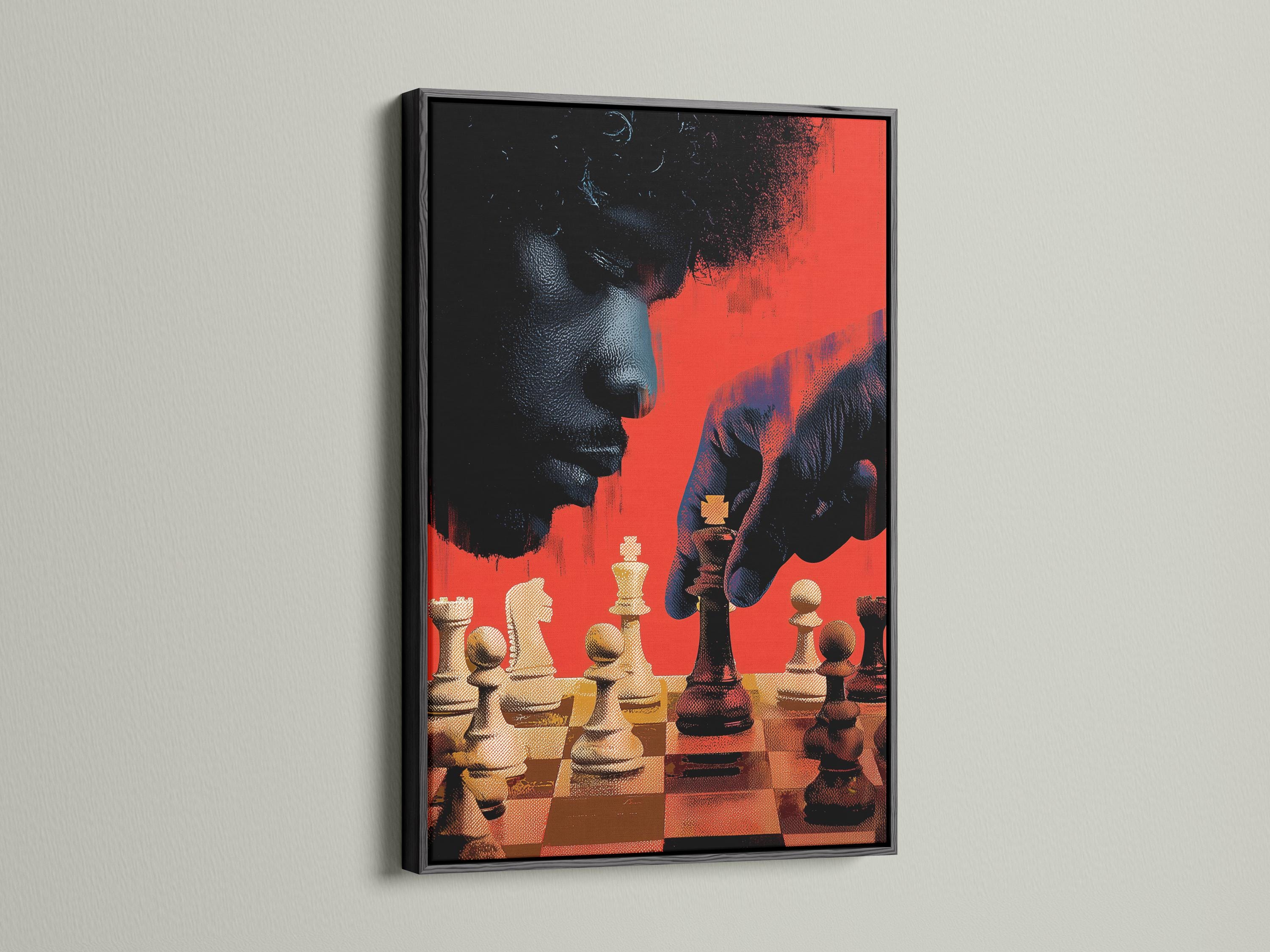 Abstract chess composition with red and black background and warm gold chess pieces detail view