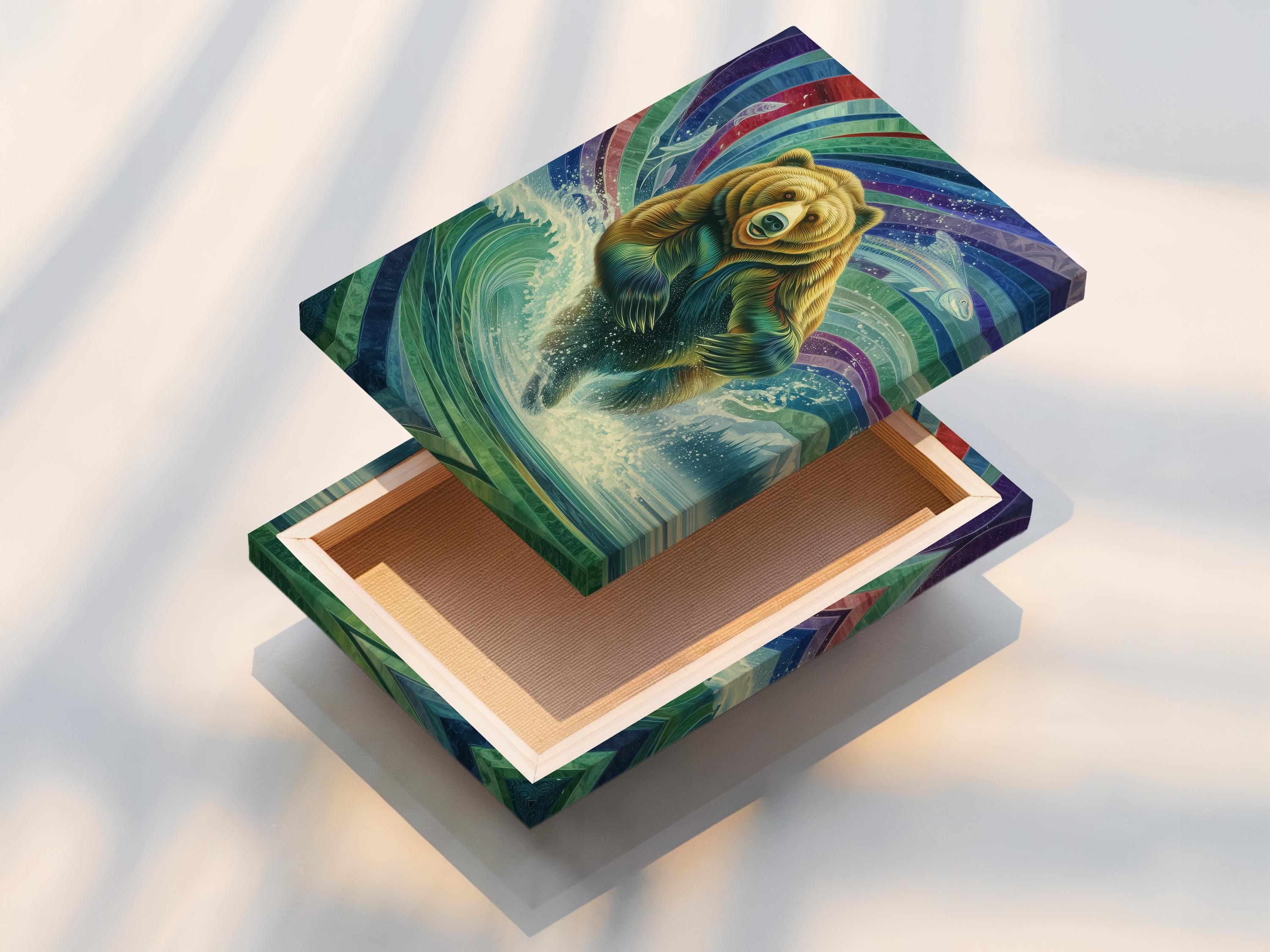 Framed artwork mockup showing a grizzly bear within colourful wave patterns and a fish