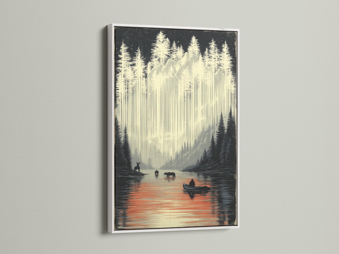 Room mockup showing a framed misty lake wildlife landscape artwork