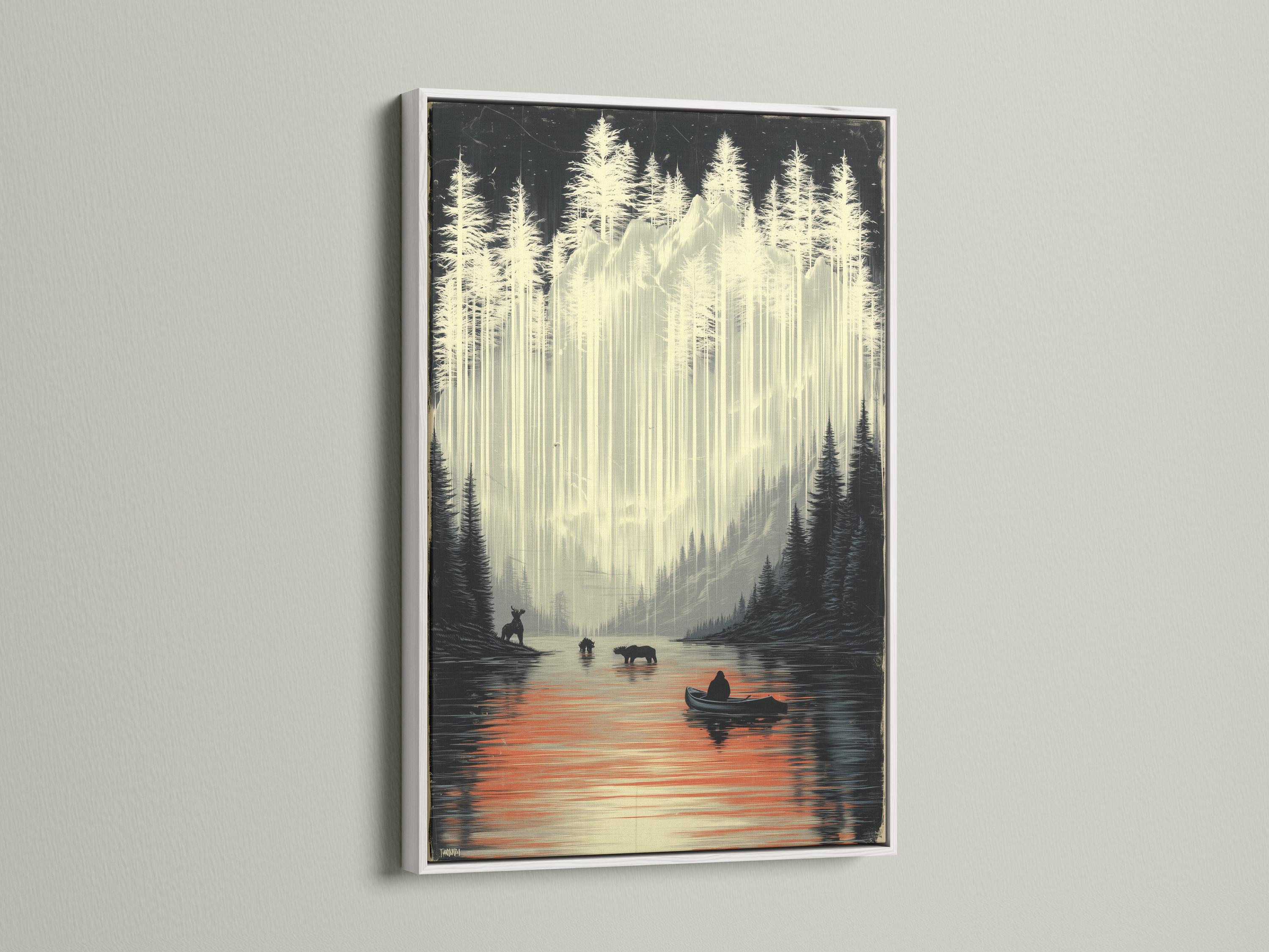 Room mockup showing a framed misty lake wildlife landscape artwork