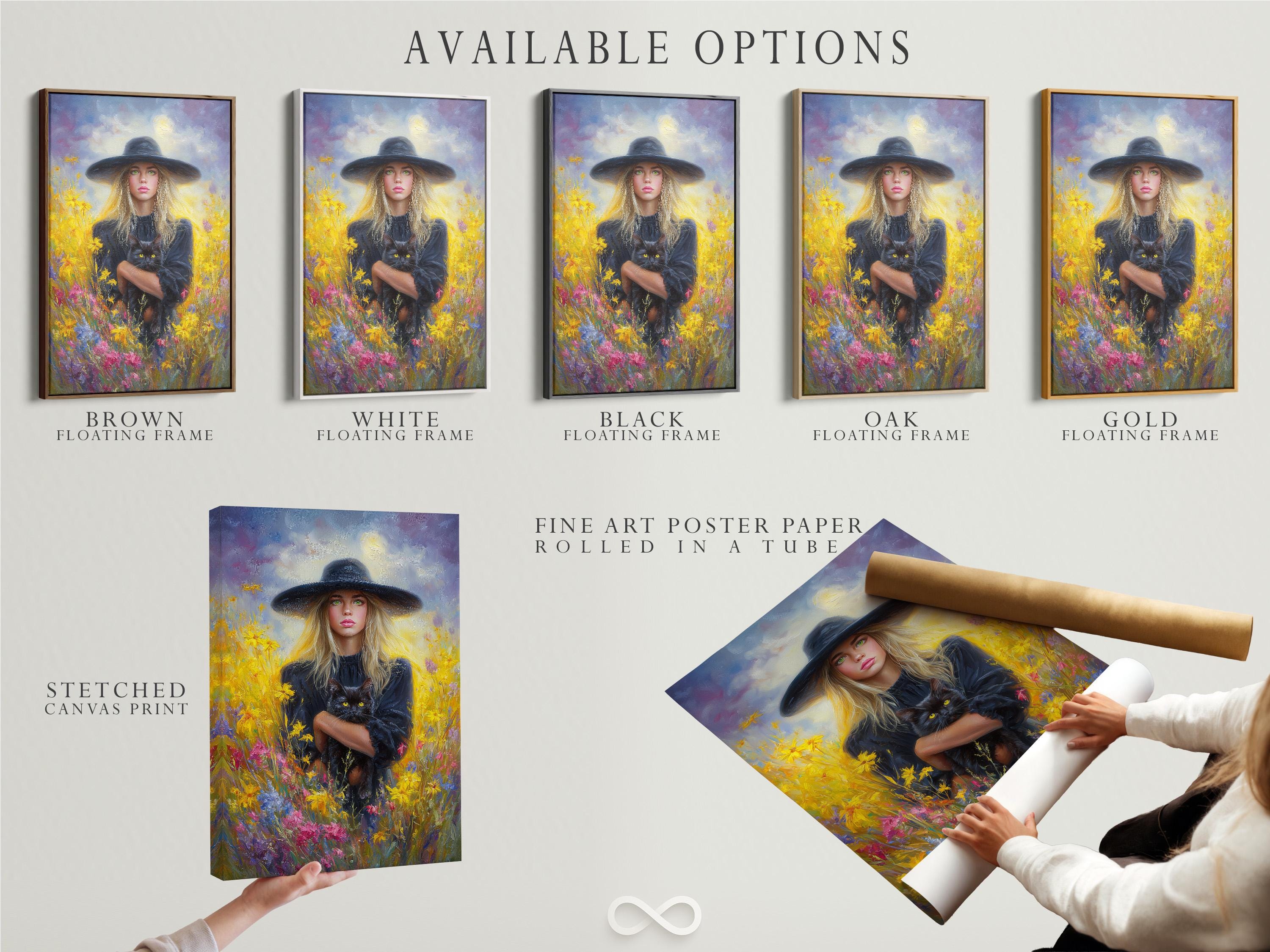 Blonde witch in a wide hat holding a black cat in a field of bright flowers detail view
