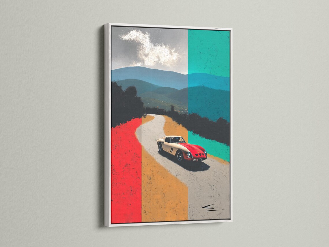 Classic sports car on a pale road with red and teal geometric background blocks detail view
