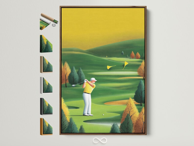 A stylised golf course scene with a golfer mid-swing and rolling green fairways