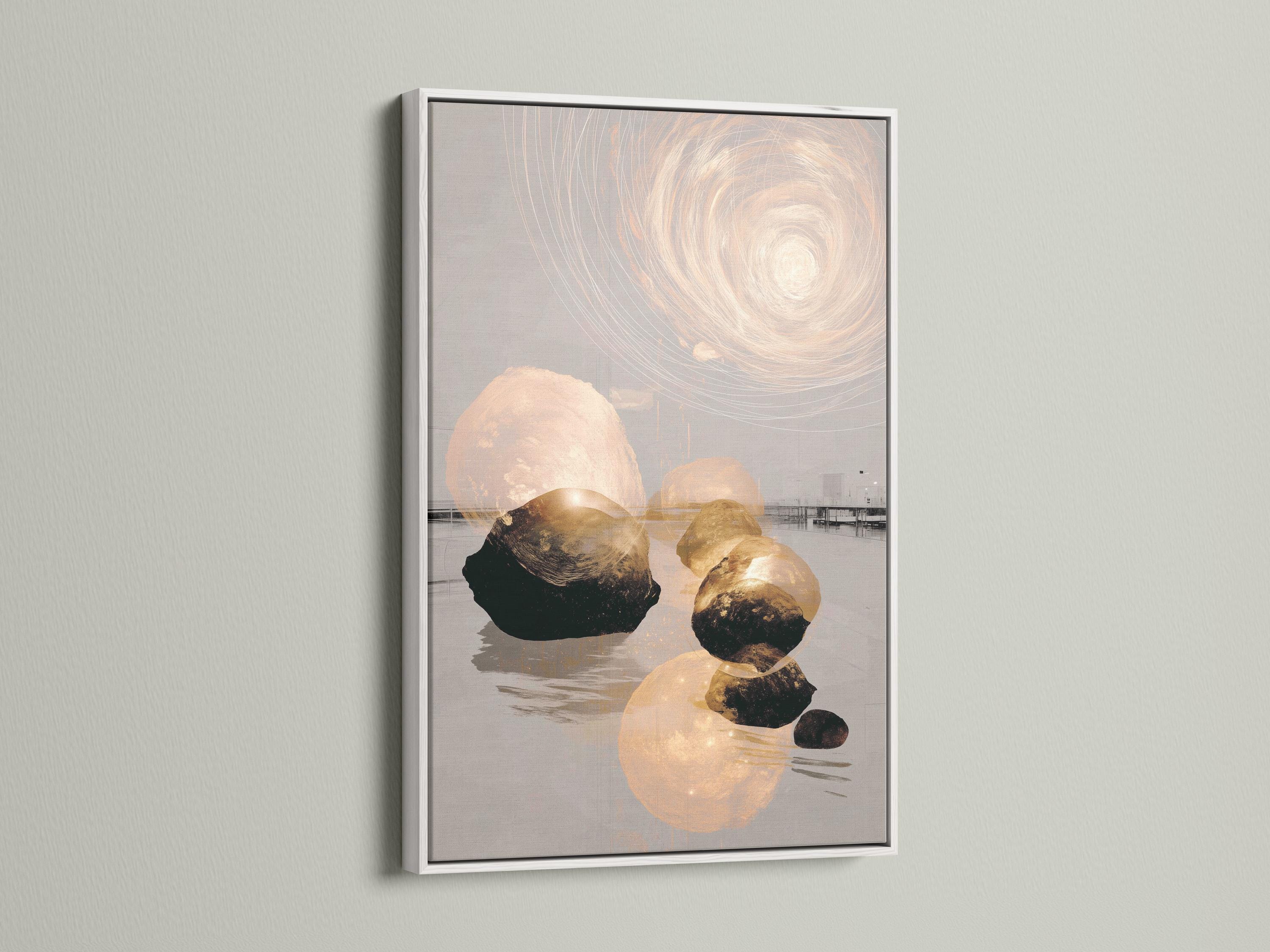 Neutral abstract stone landscape with a pale circular swirl and subtle gold accents detail view