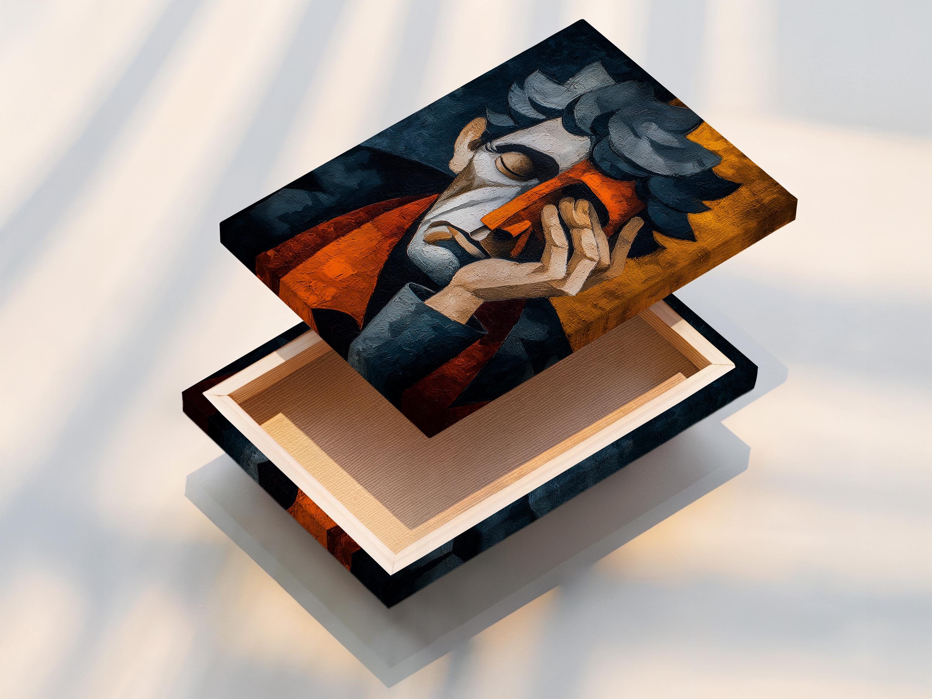 A textured abstract portrait figure in teal and navy, holding a book-like shape, with warm orange and golden blocks behind detail view