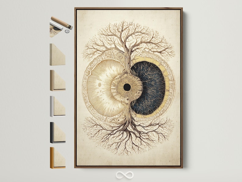 Tree of life symbol with gold and dark navy split circle on a beige background