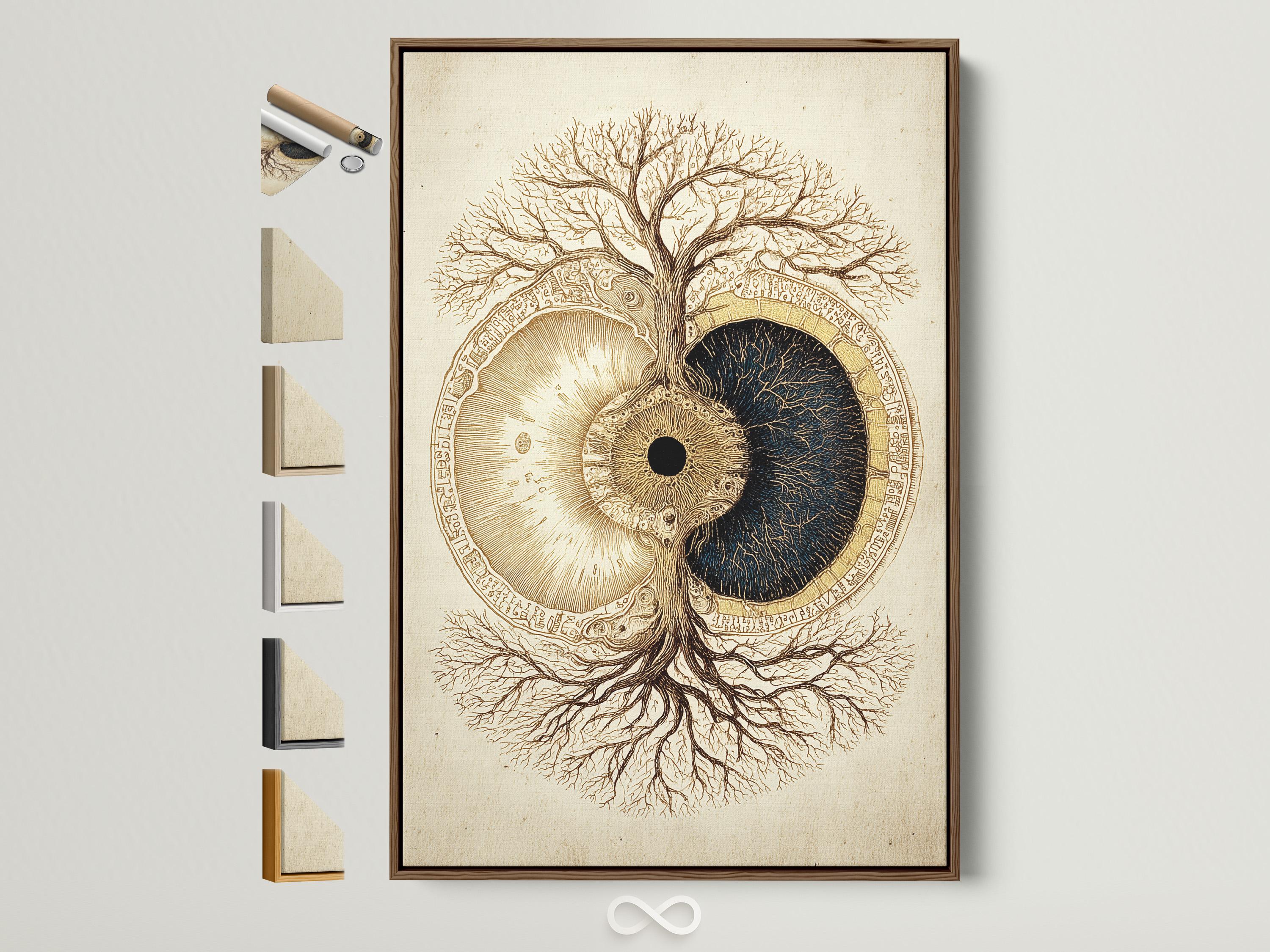 Tree of life symbol with gold and dark navy split circle on a beige background