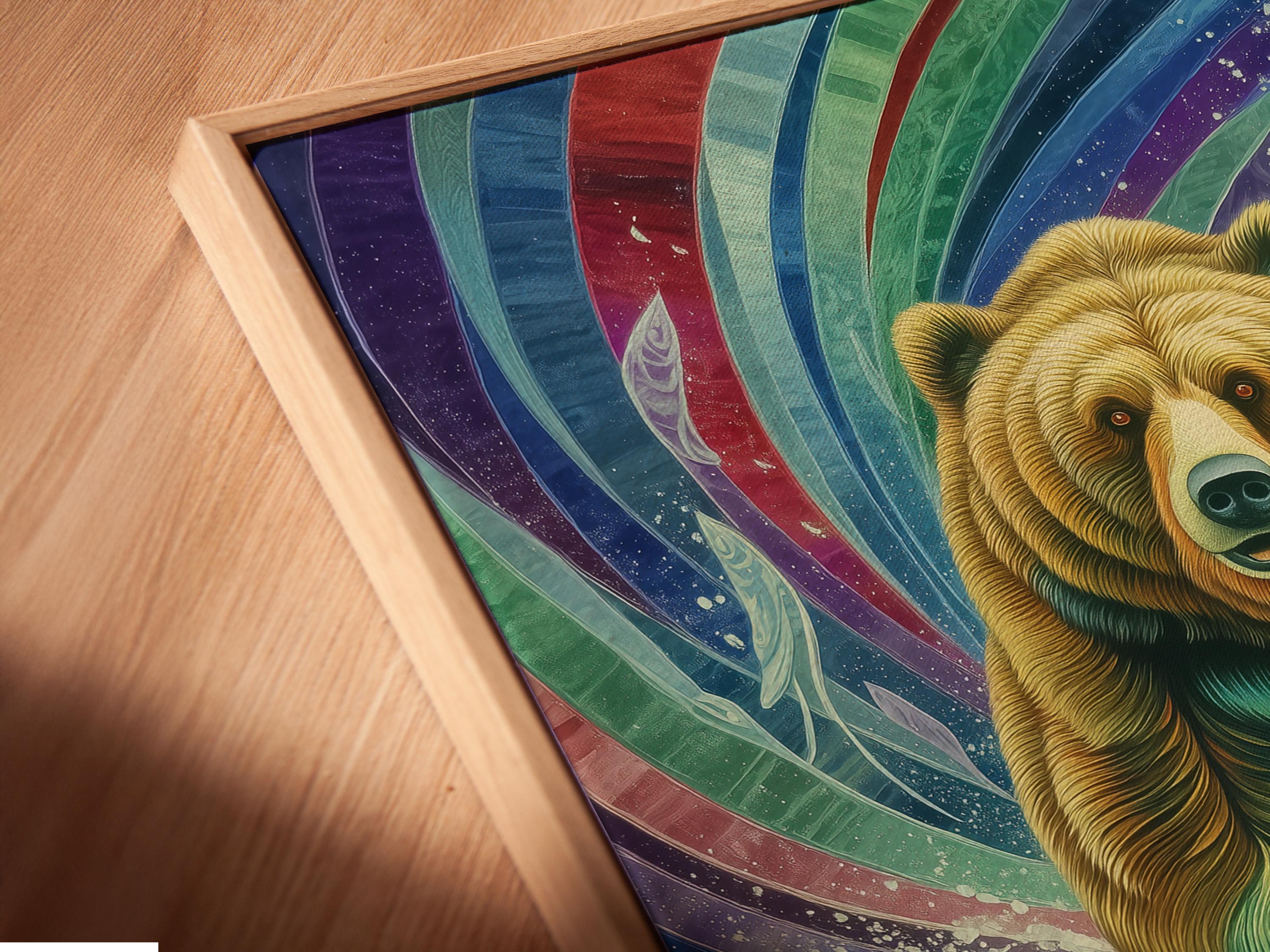 Framed artwork mockup showing a grizzly bear within colourful wave patterns and a fish