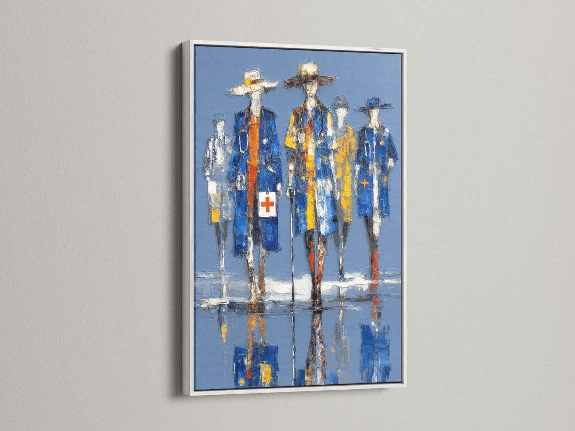 Blue and yellow medical staff figures with white cross symbols in a painterly style detail view