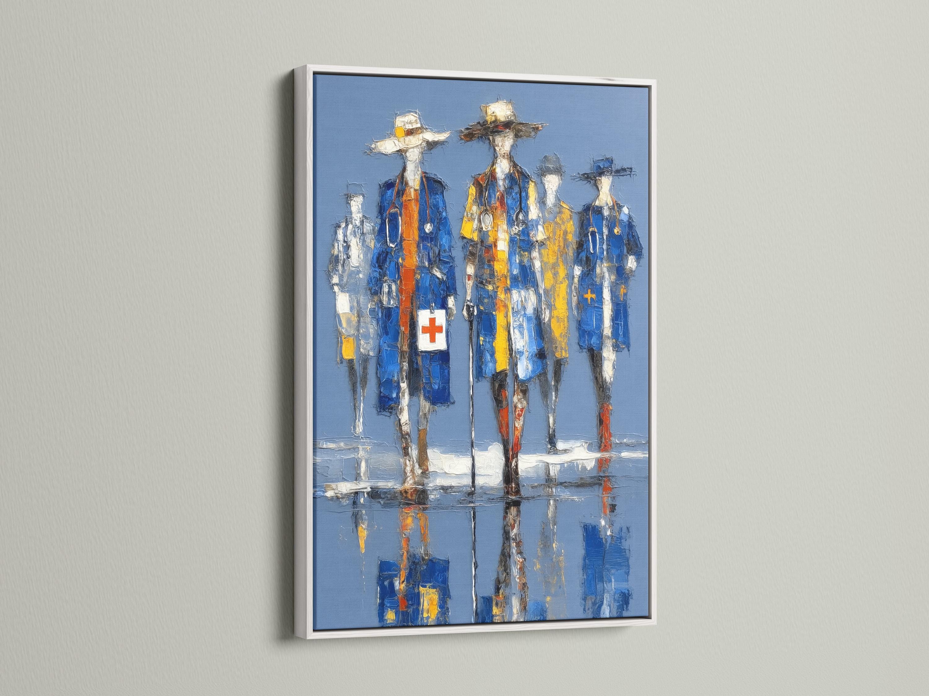Blue and yellow medical staff figures with white cross symbols in a painterly style detail view