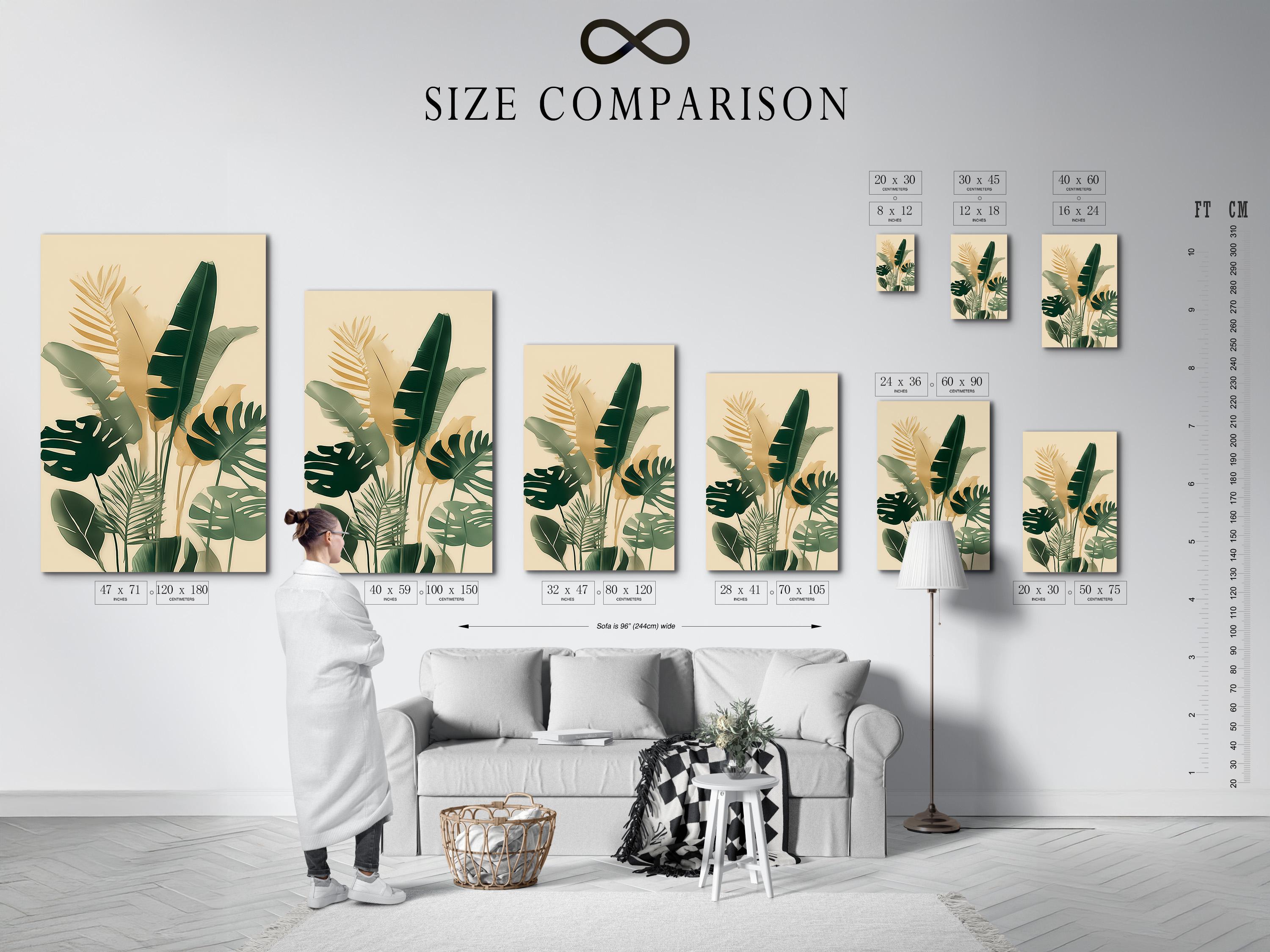 Room mockup showing framed botanical artwork with tropical leaves in cream and green