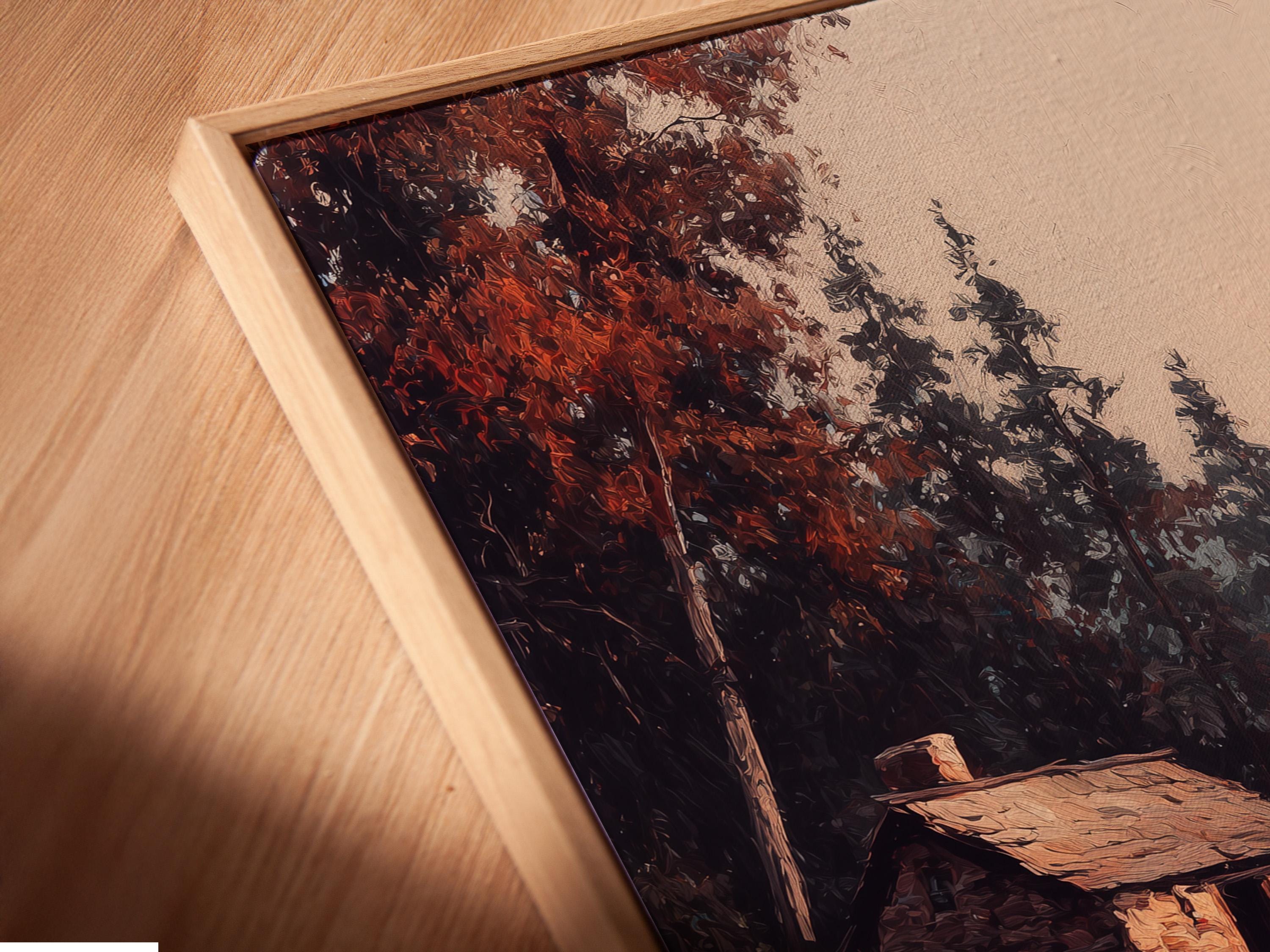 Wood-framed artwork of a rustic cabin scene in a product mockup view