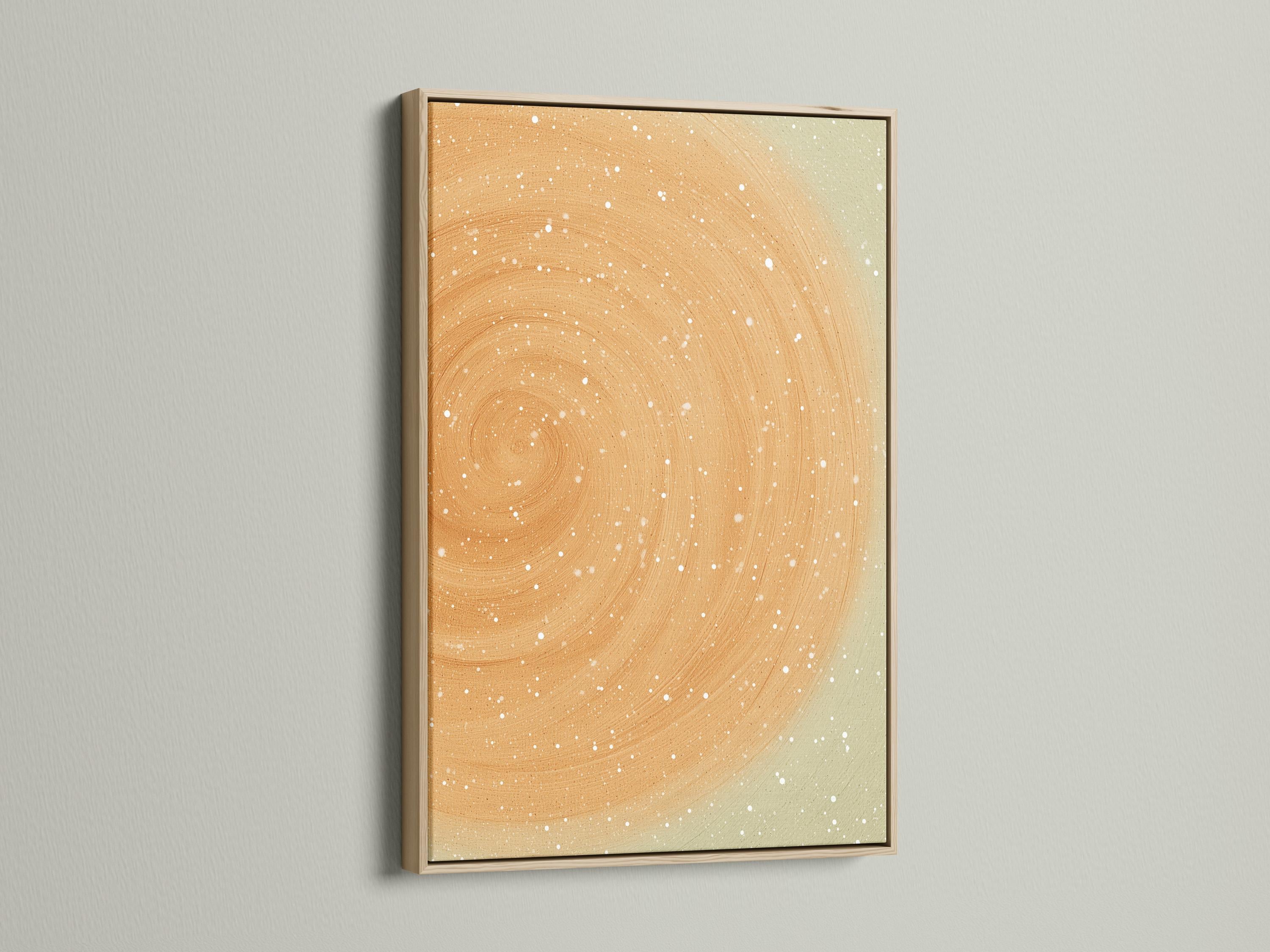 Beige abstract circular swirl with white speckles on a soft neutral background detail view