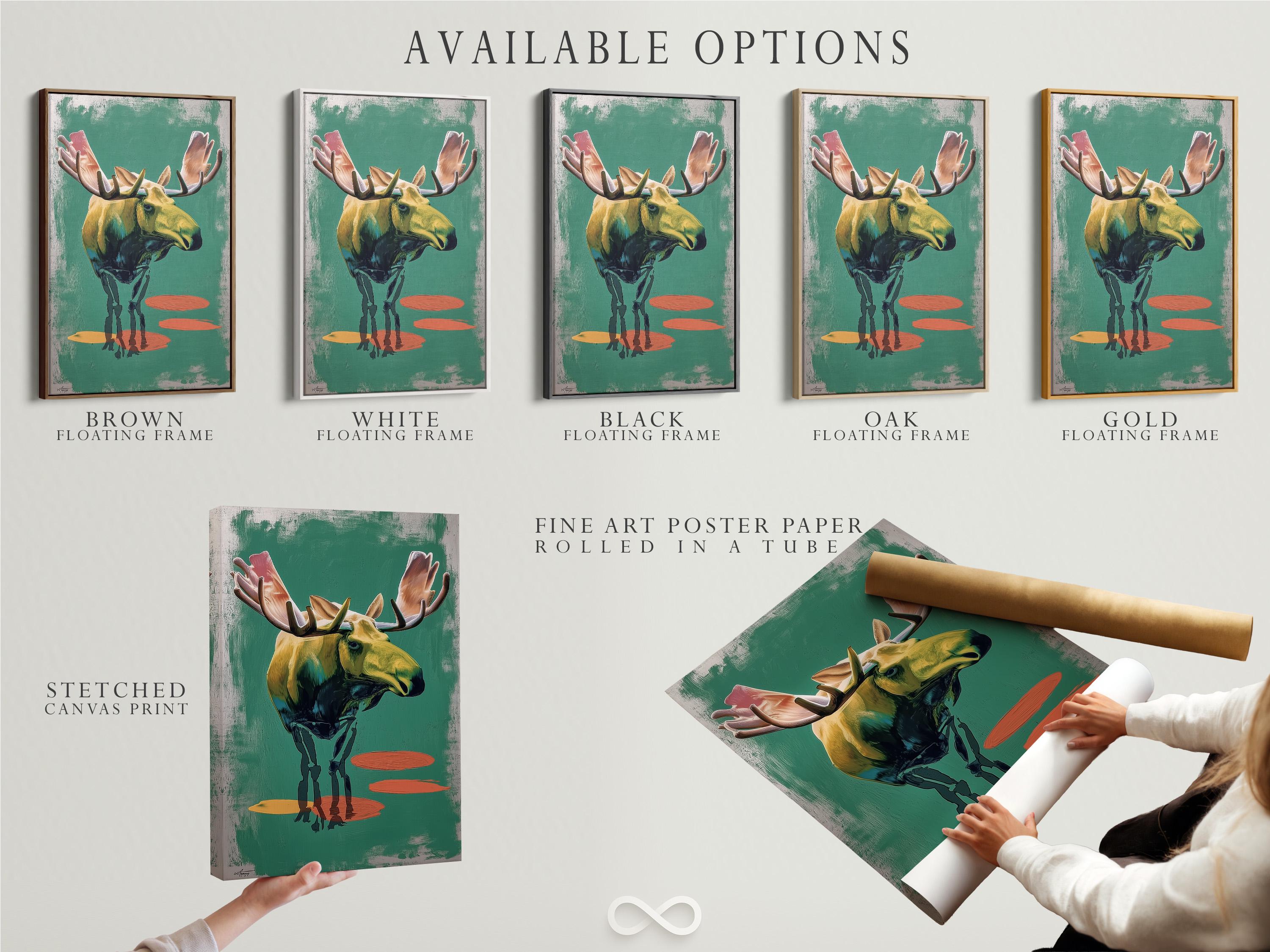 Stylised moose in side profile with large antlers on a textured teal-green background and warm orange shapes detail view