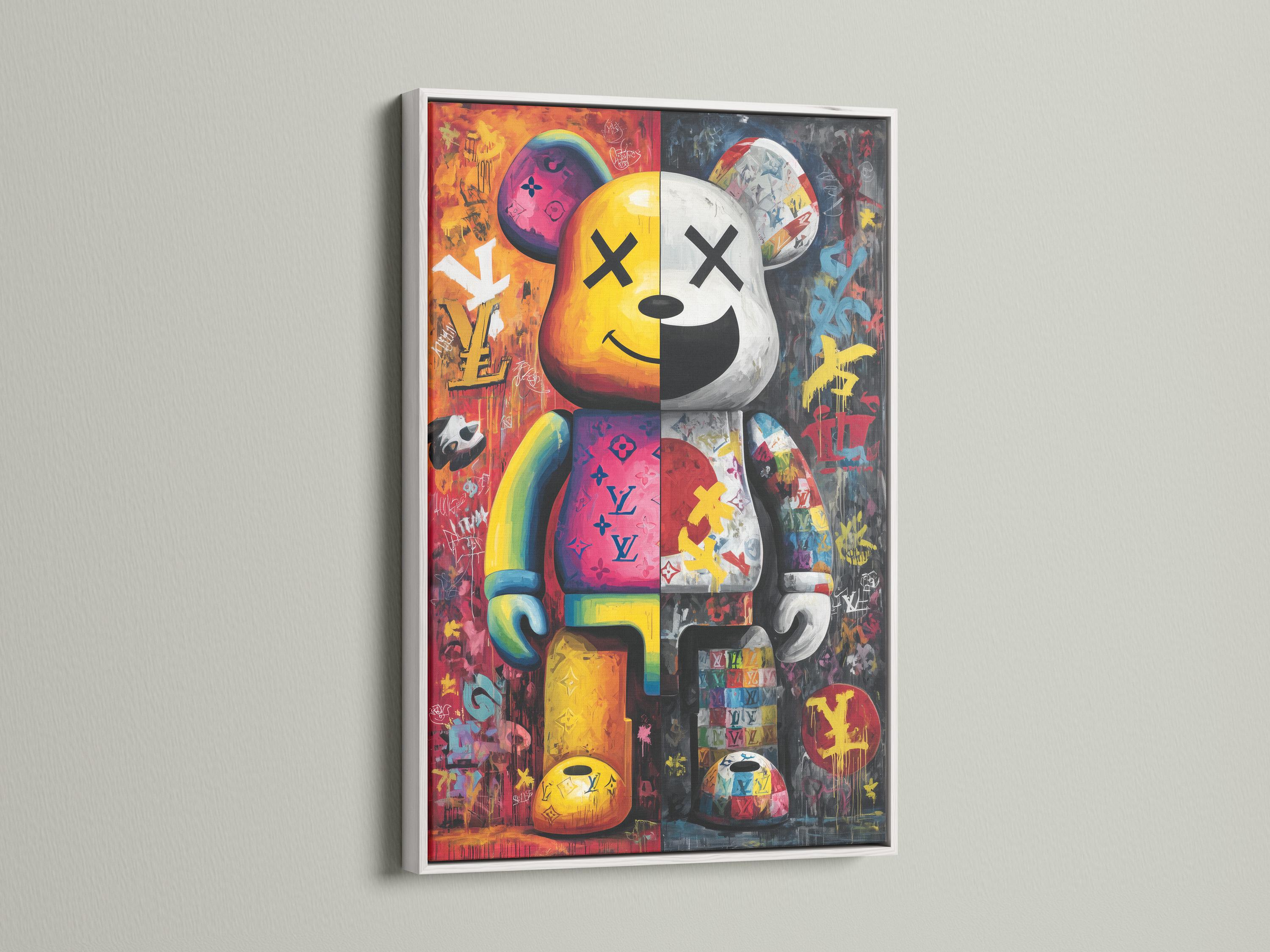 A bright pop-art style bear figure is shown amid graffiti-like colours and stickers, framed by bold black outlines and layered poster textures detail