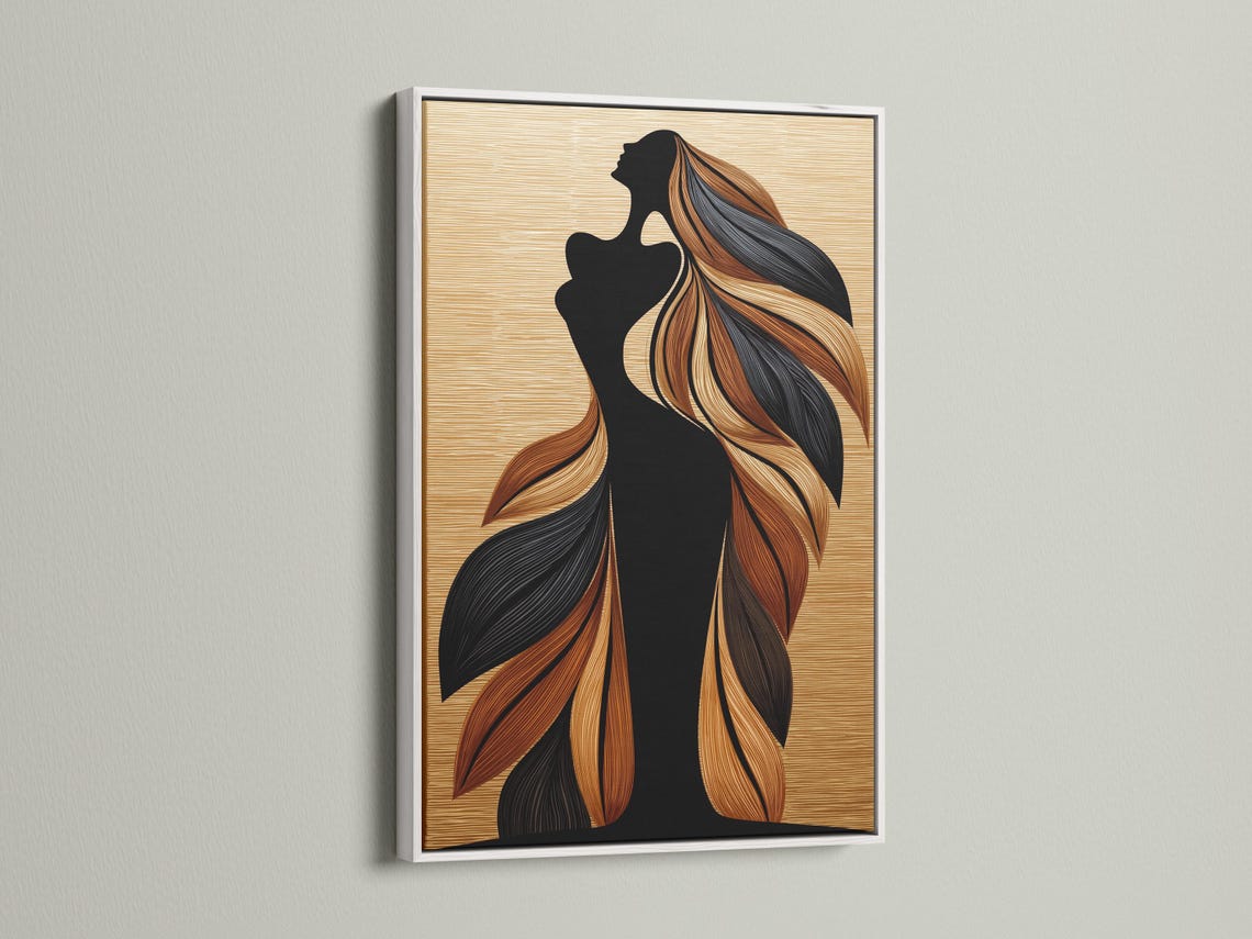 Black woman silhouette in profile with flowing feather-like hair in tan and rust tones on a beige striped background detail view