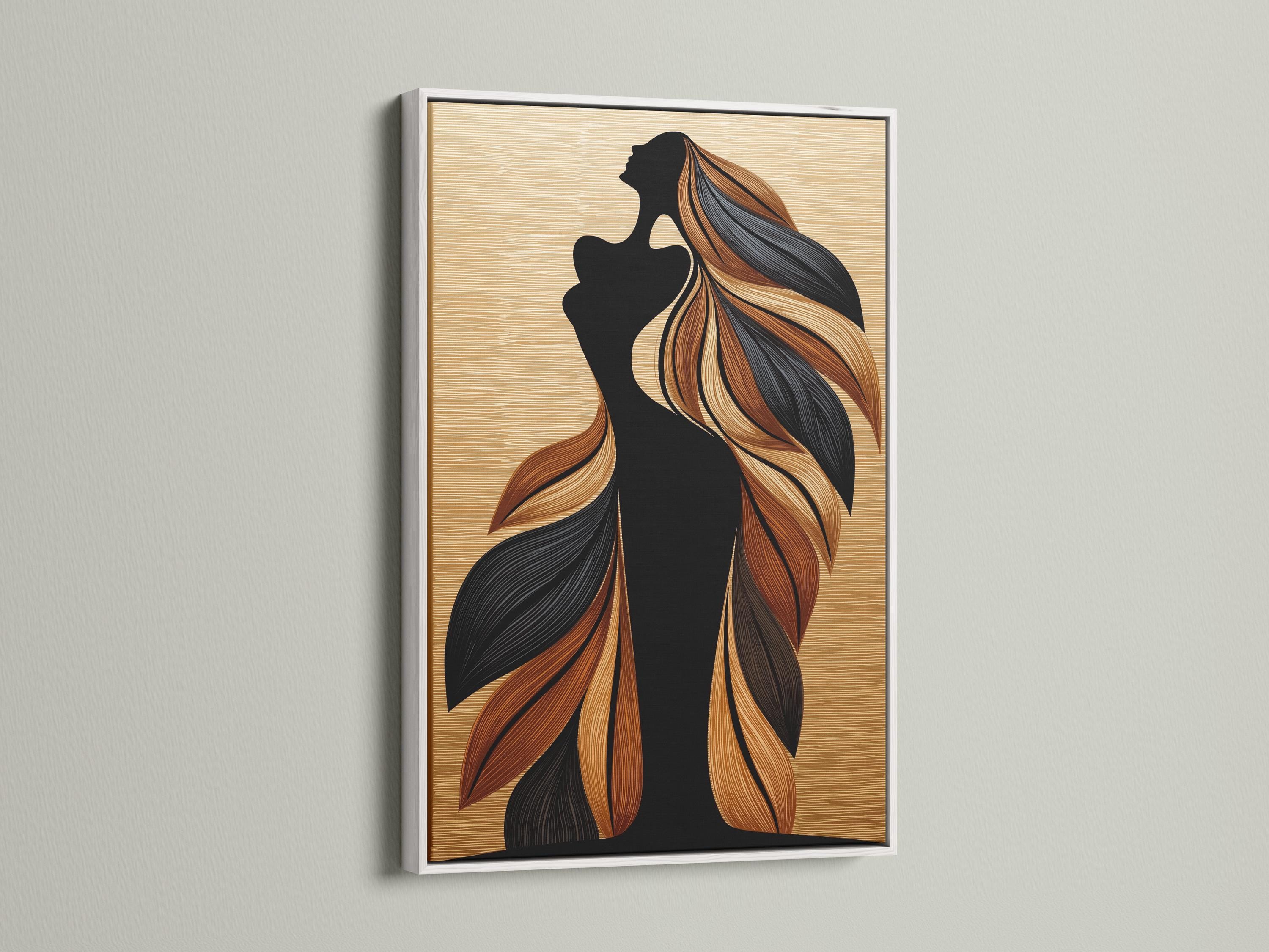 Black woman silhouette in profile with flowing feather-like hair in tan and rust tones on a beige striped background detail view