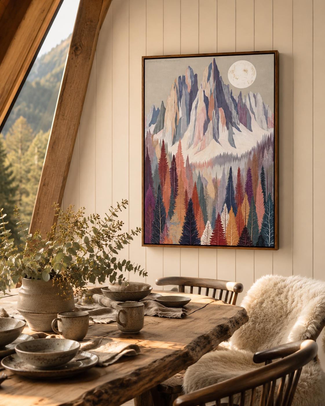 Pastel mountain and conifer forest landscape with a pale moon in the sky detail view