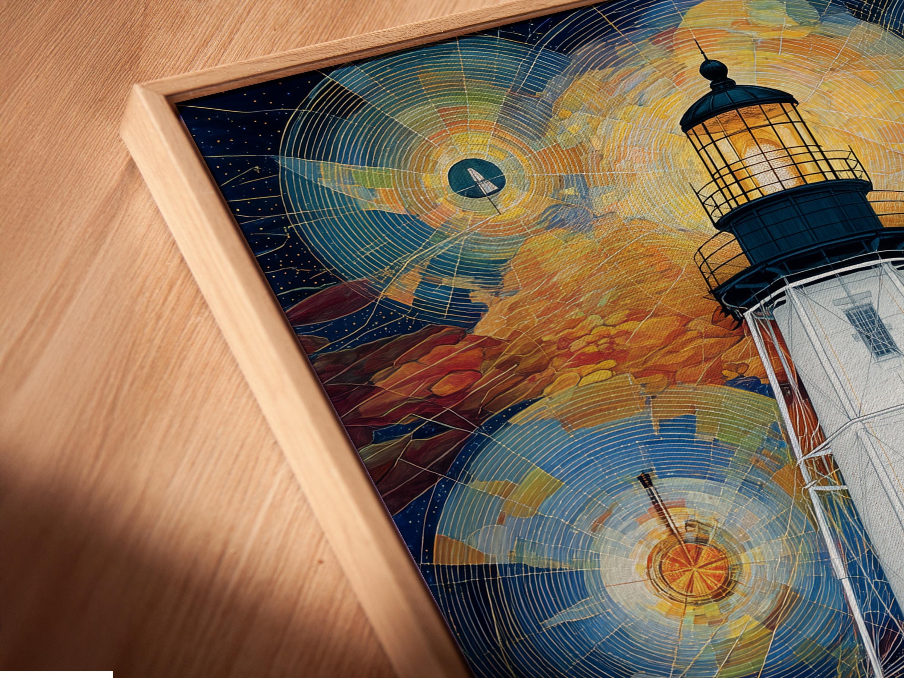 Geometric lighthouse painting with starry night sky and swirling circular light patterns detail view