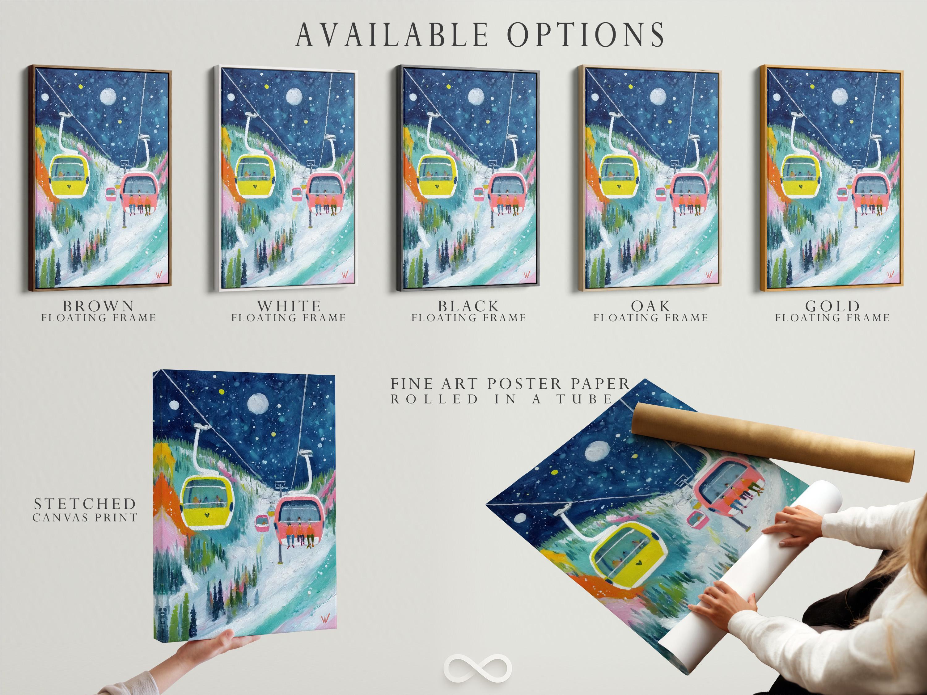 Winter ski lift artwork with gondola and cable cars over snowy slopes and a blue sky detail view