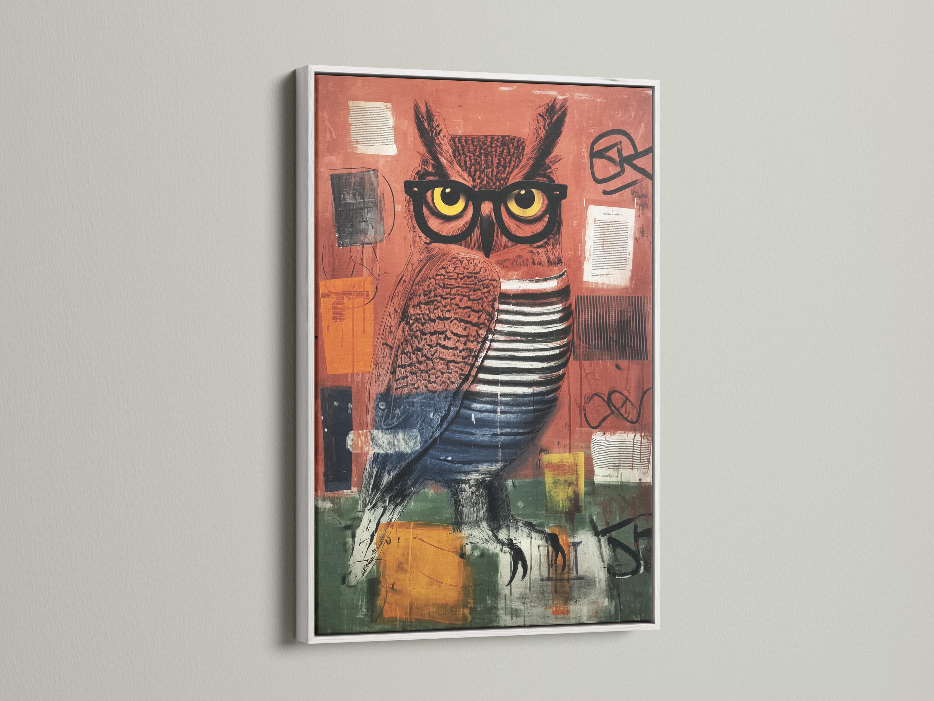 Stylised owl wearing oversized glasses in terracotta, teal and charcoal tones detail view
