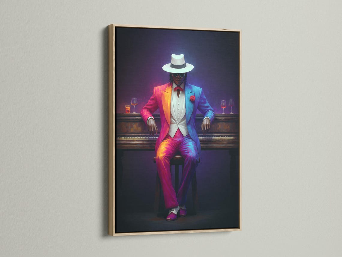 Neon-lit seated gentleman portrait in a hat with glowing wine glasses detail view