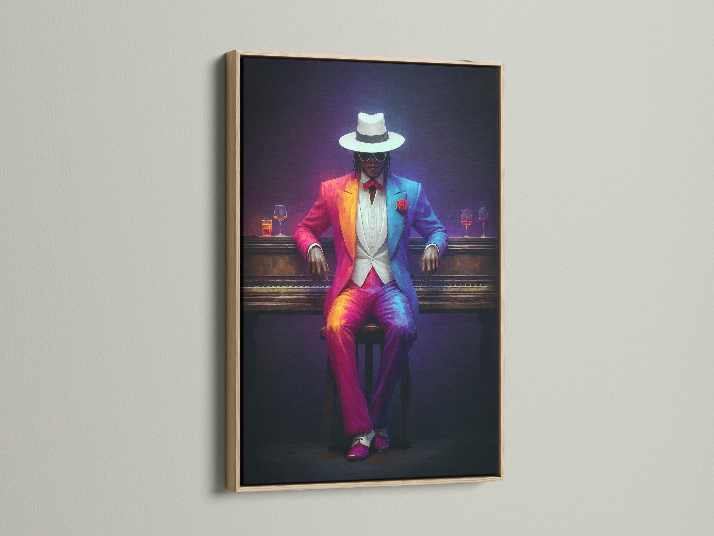 Neon-lit seated gentleman portrait in a hat with glowing wine glasses detail view