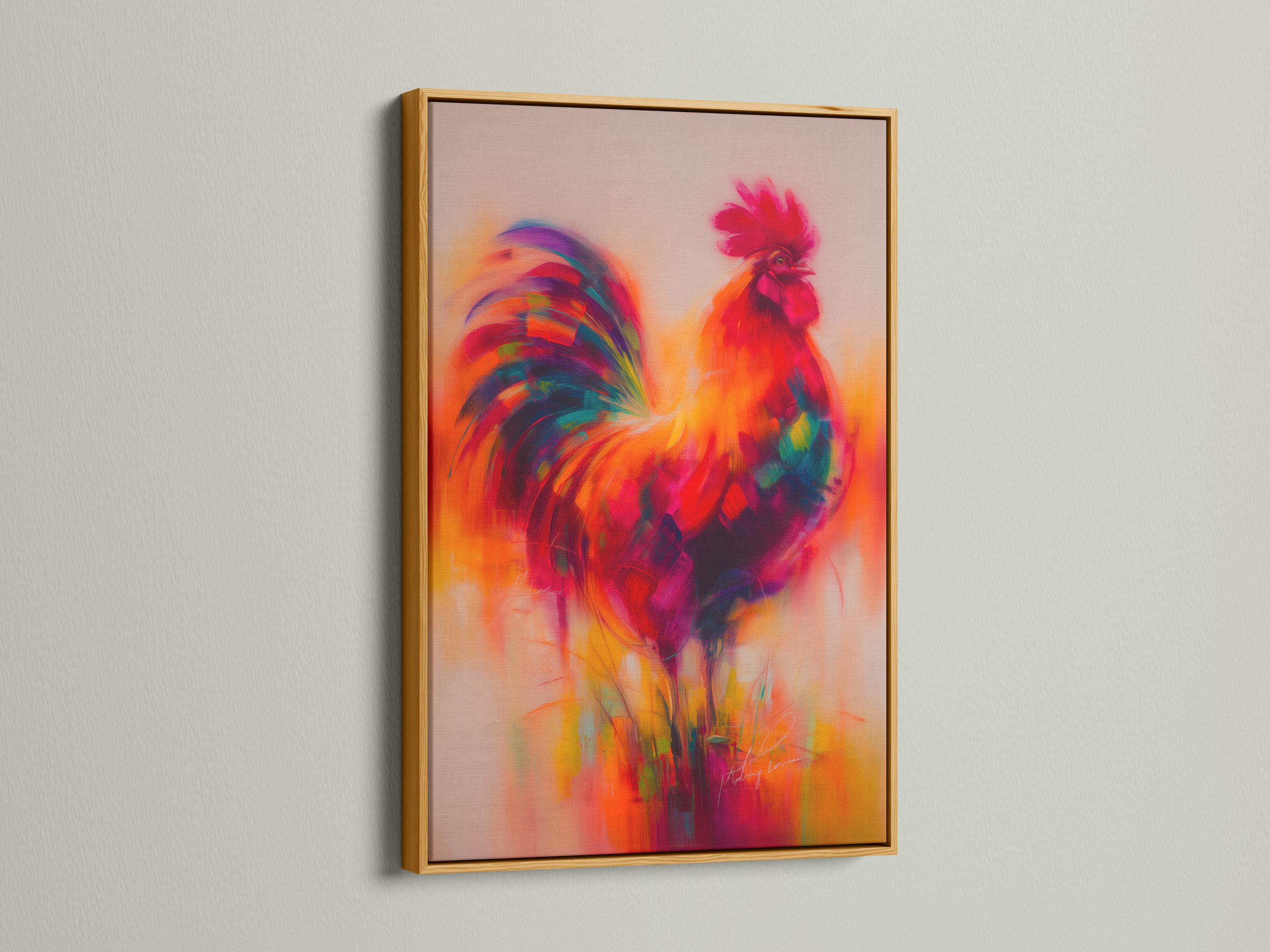 A framed rooster wall artwork in warm orange, pink, and purple colours on a white background