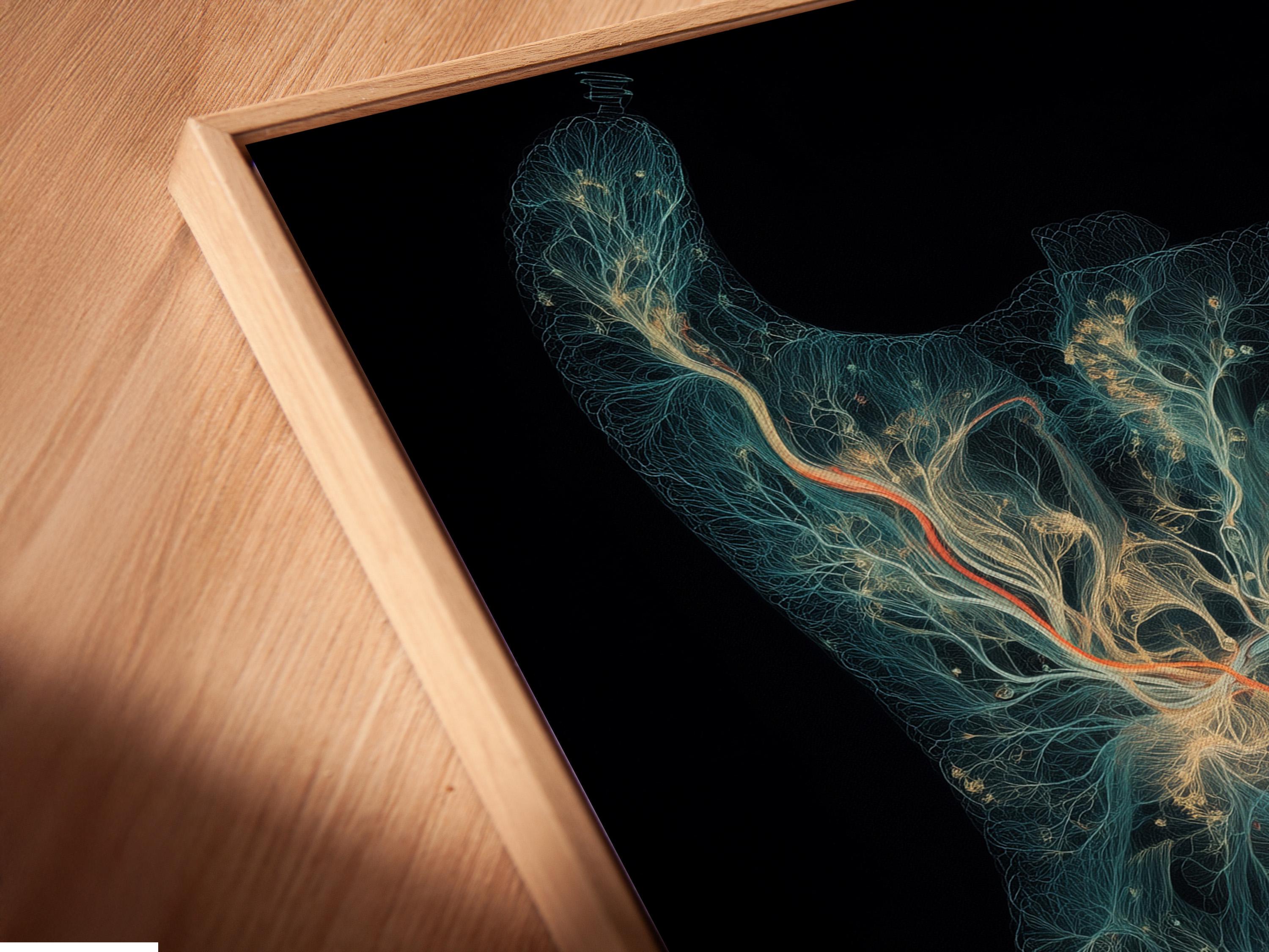 Electric guitar silhouette filled with glowing teal and red branching linework on a dark background detail view