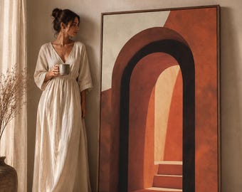 Terracotta Arch Canvas Art - Burnt Orange Wall Decor, Minimalist Print for Living Room, Boho Home Decor, Warm Neutral Art