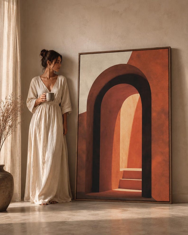 Minimal abstract arch in terracotta and burnt orange with a dark outline
