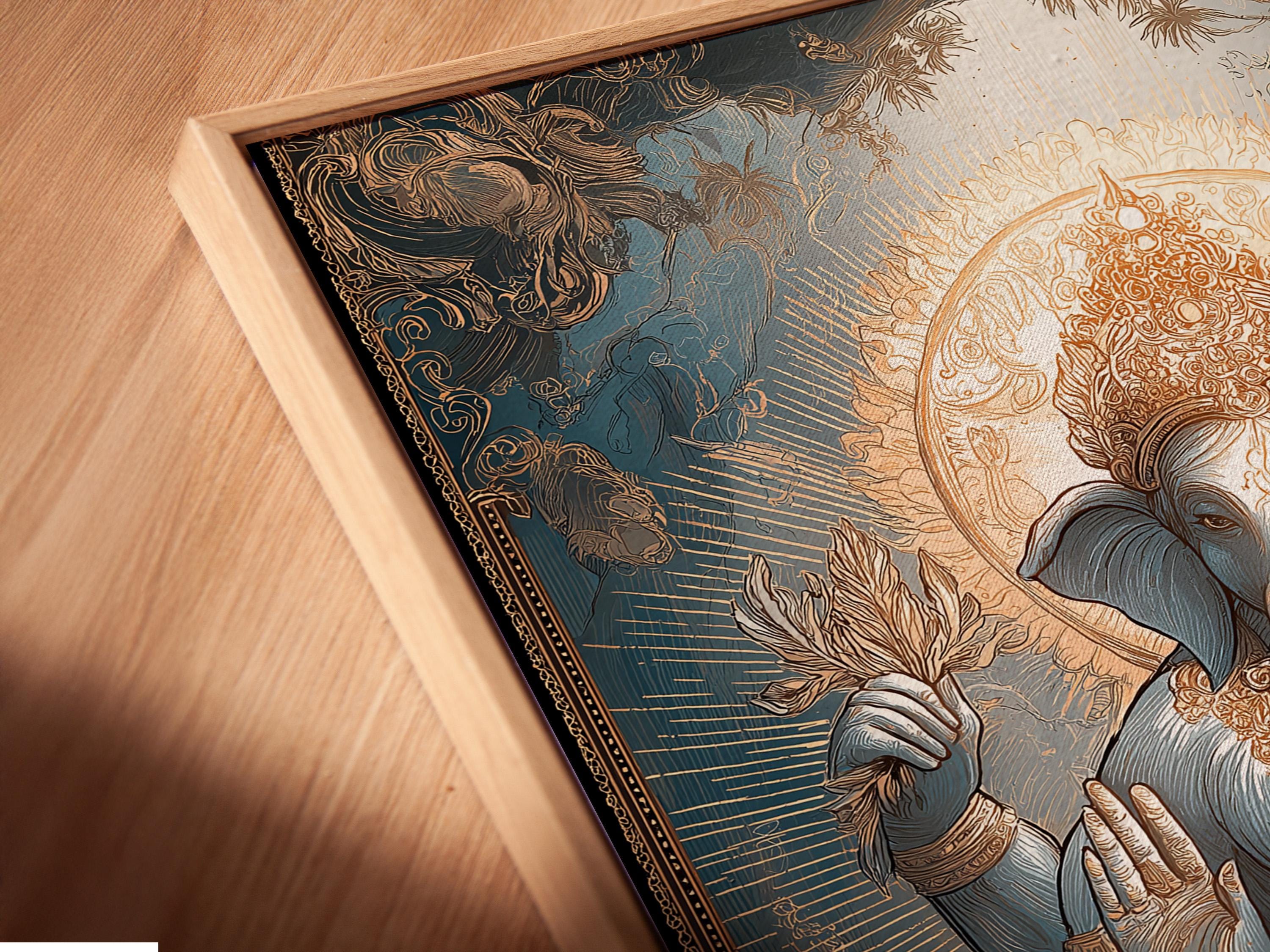 Ornate teal and gold illustration of an elephant-headed deity seated on a lotus detail view