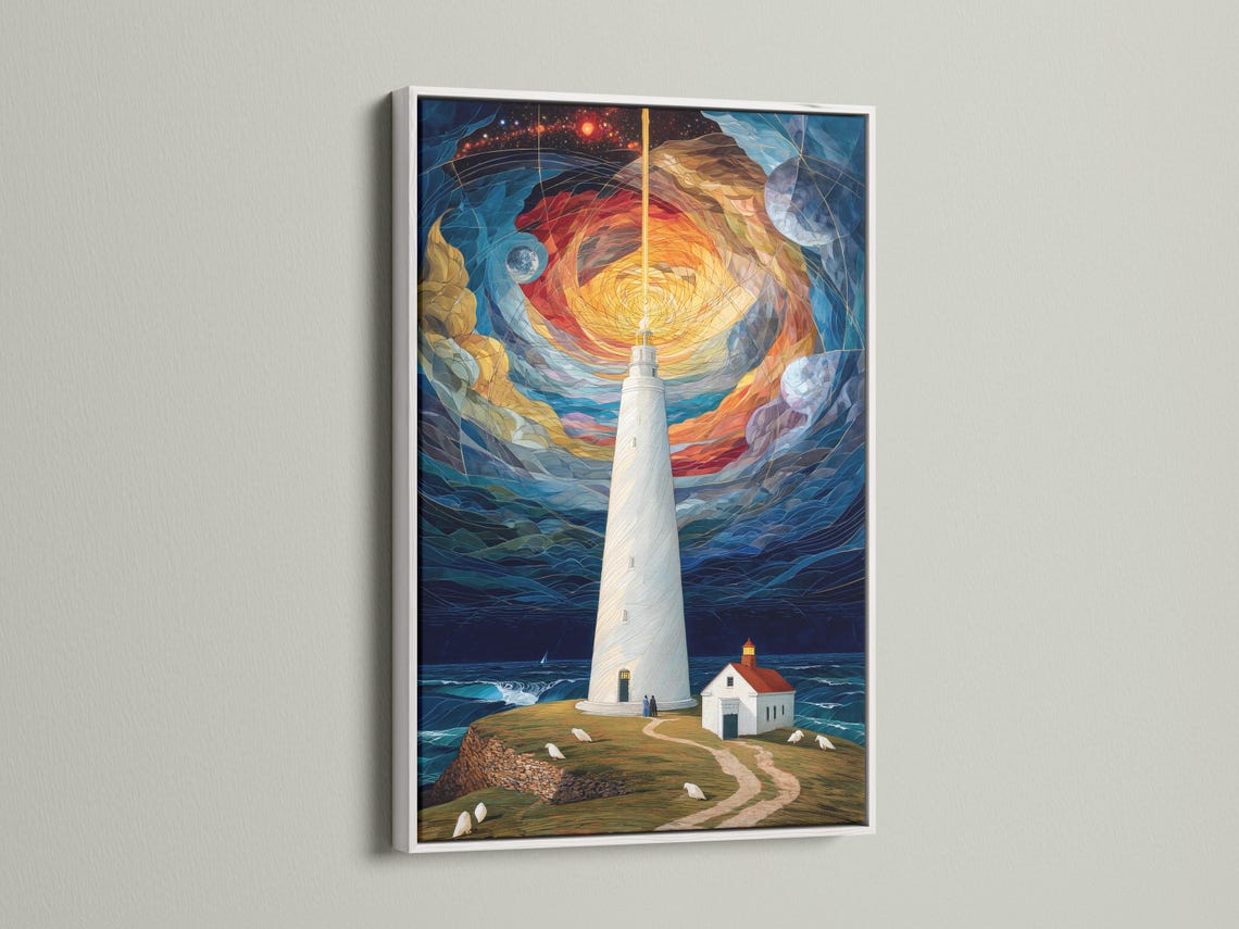 Lighthouse on a coastal shore under a swirling starry sky with glowing warm light detail view