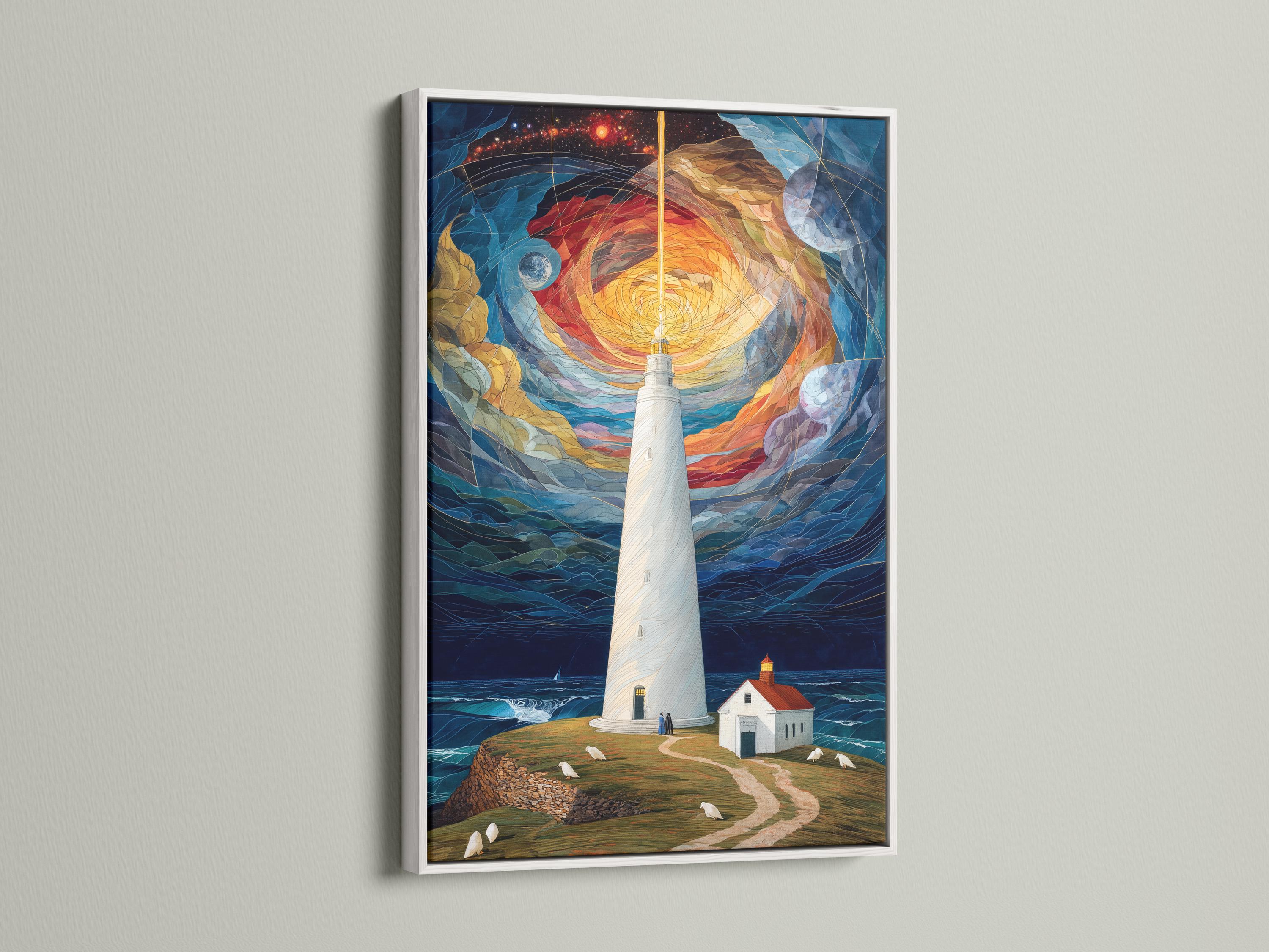 Lighthouse on a coastal shore under a swirling starry sky with glowing warm light detail view