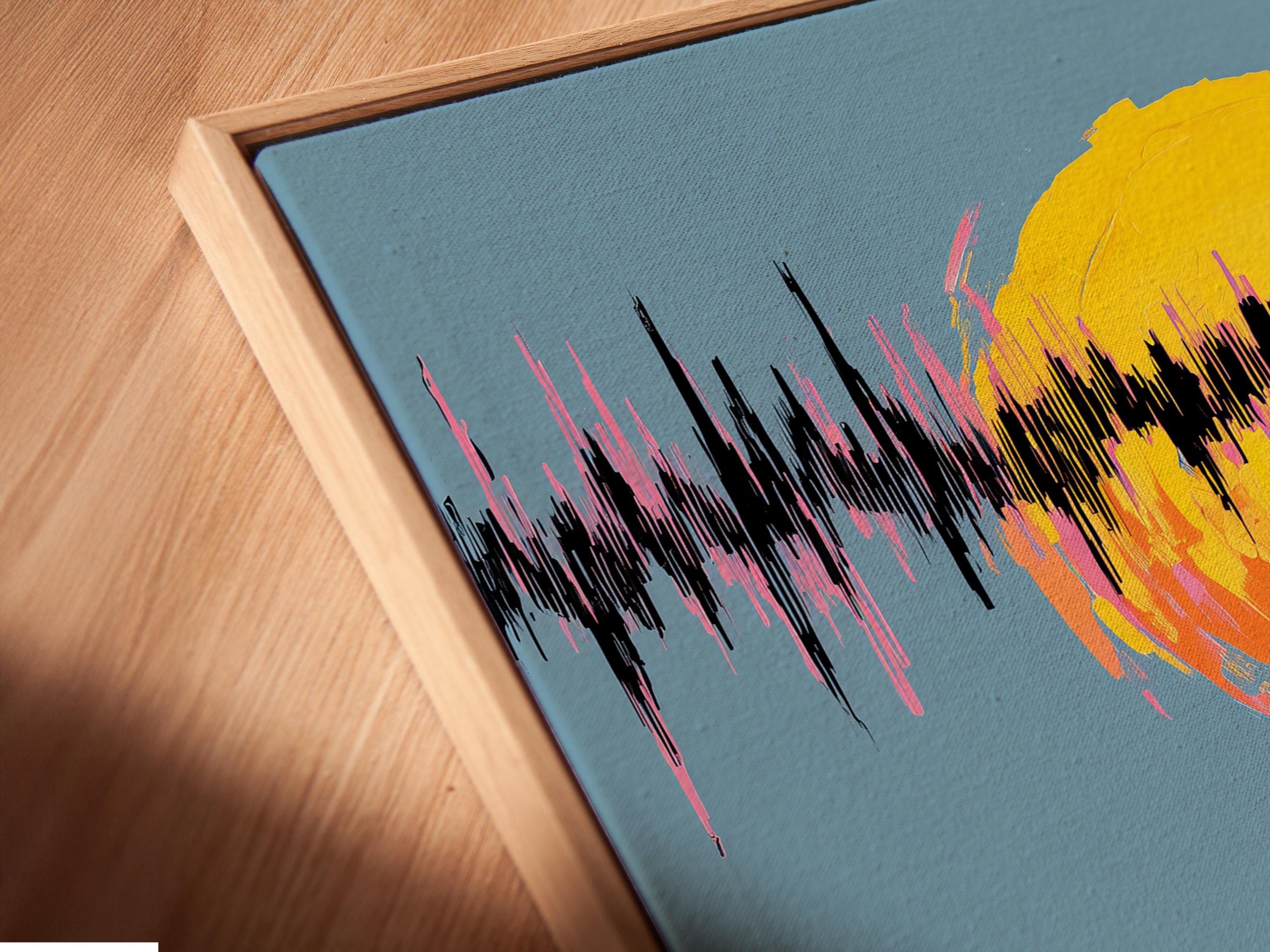 Mockup showing framed artwork featuring surreal beach volleyball and a neon sunset wave