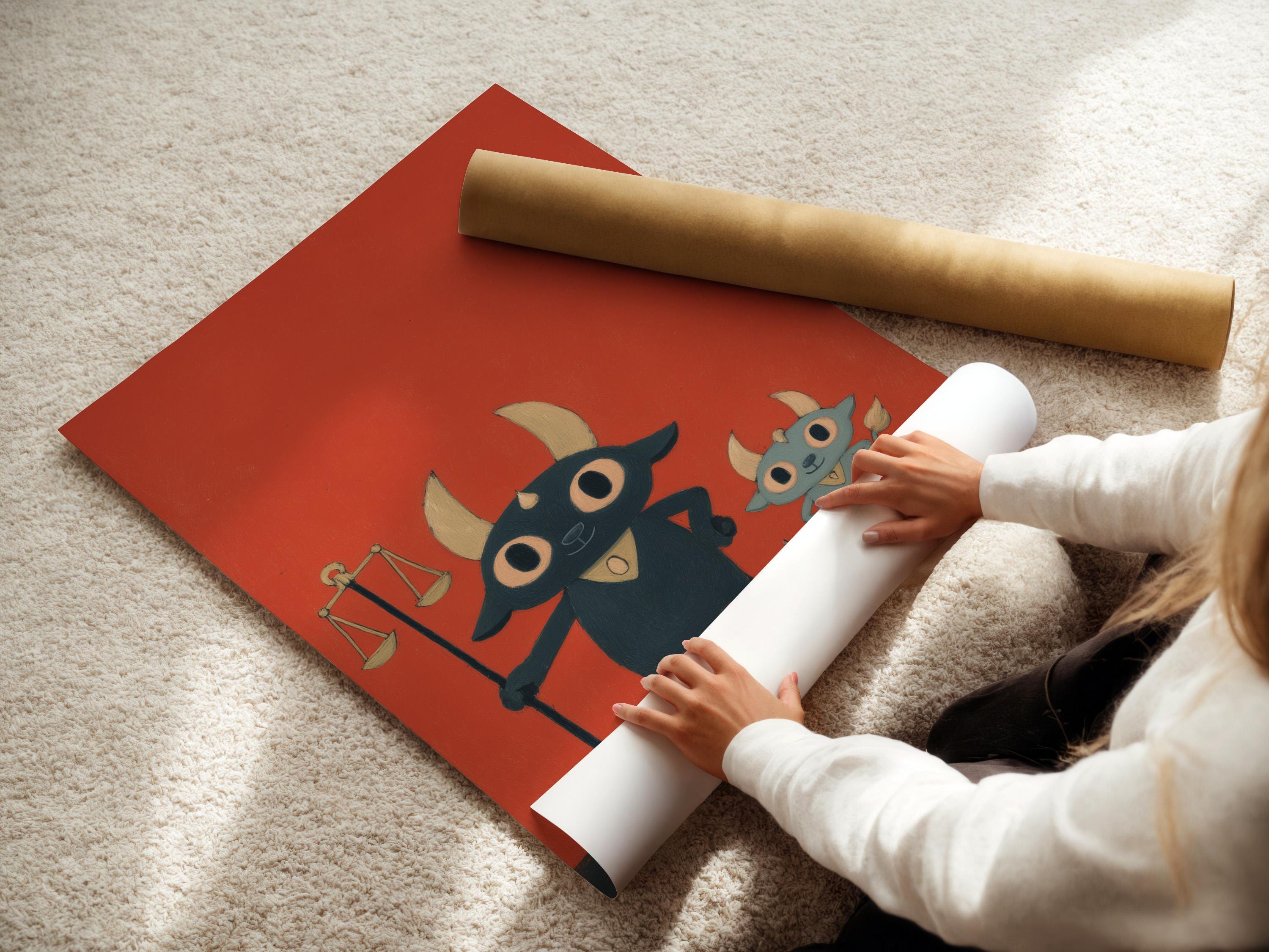 Cartoon bull character holding balancing scales on a coral-red background detail view