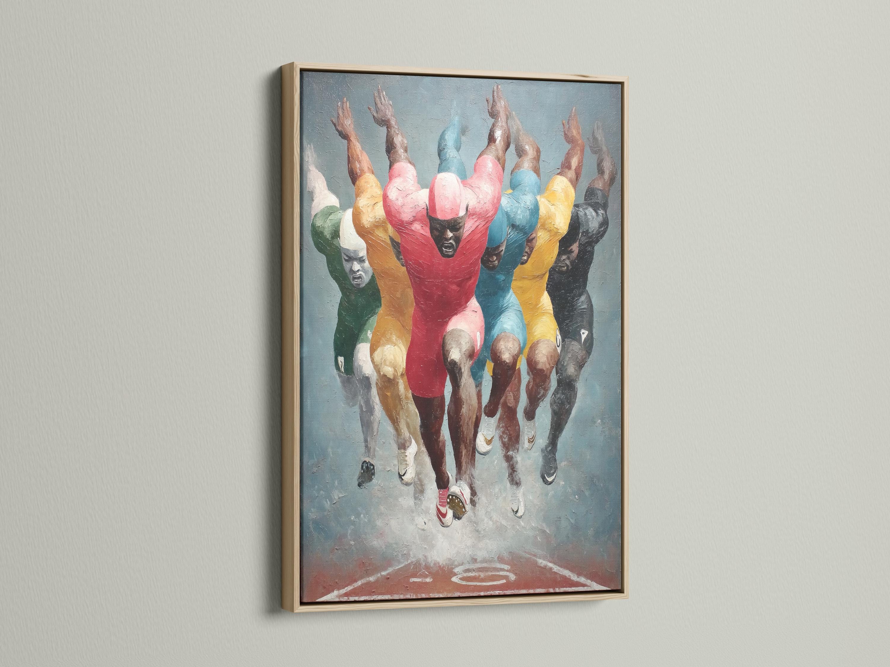 Colourful runners sprinting in a painterly style with a bright red central figure detail view