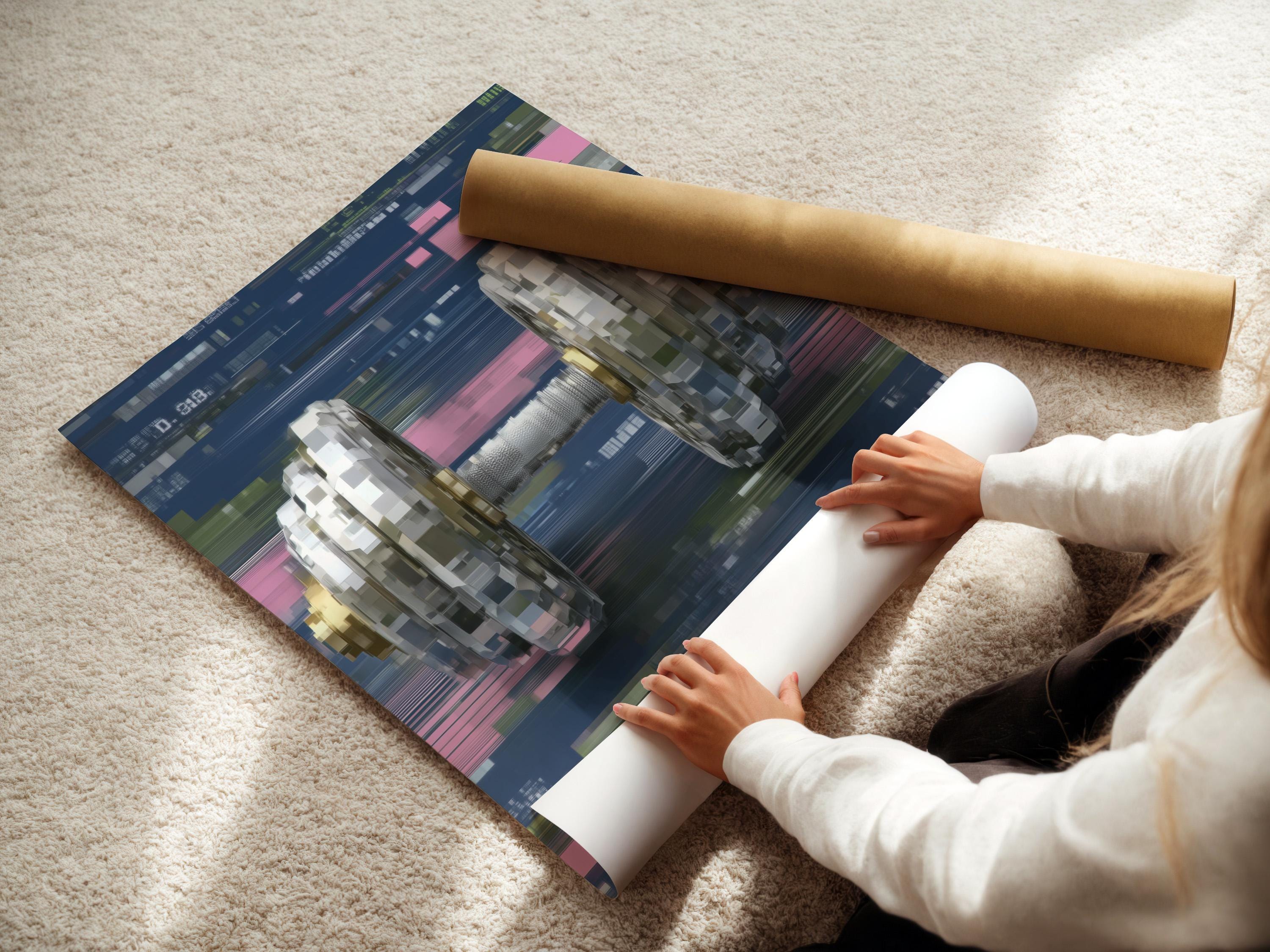 Room mockup showing framed glitch-style dumbbell artwork on a light wall