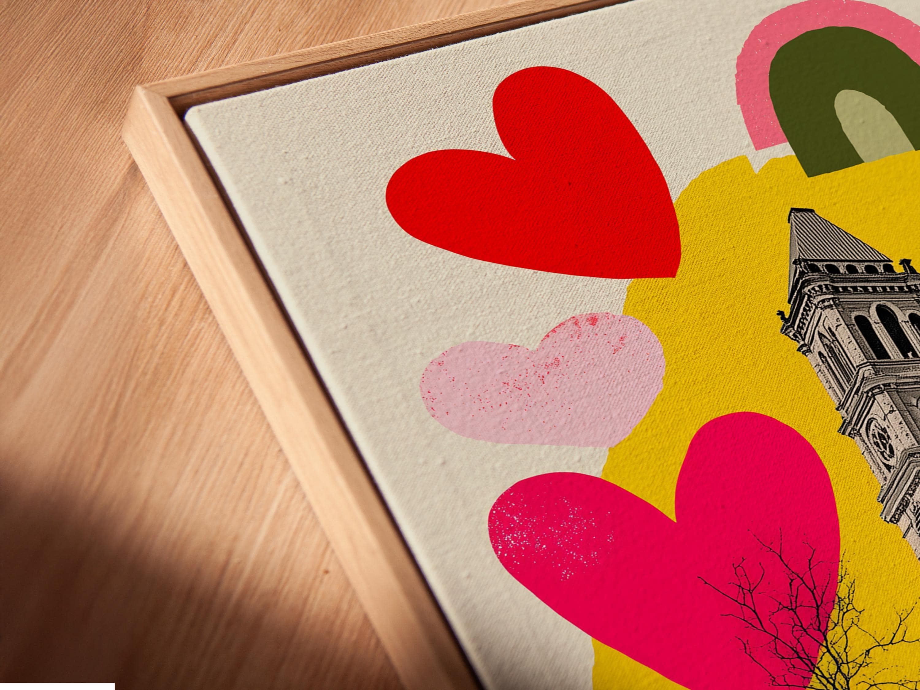 Retro cityscape with a clock tower overlaid by colourful hearts and rainbow shapes detail view