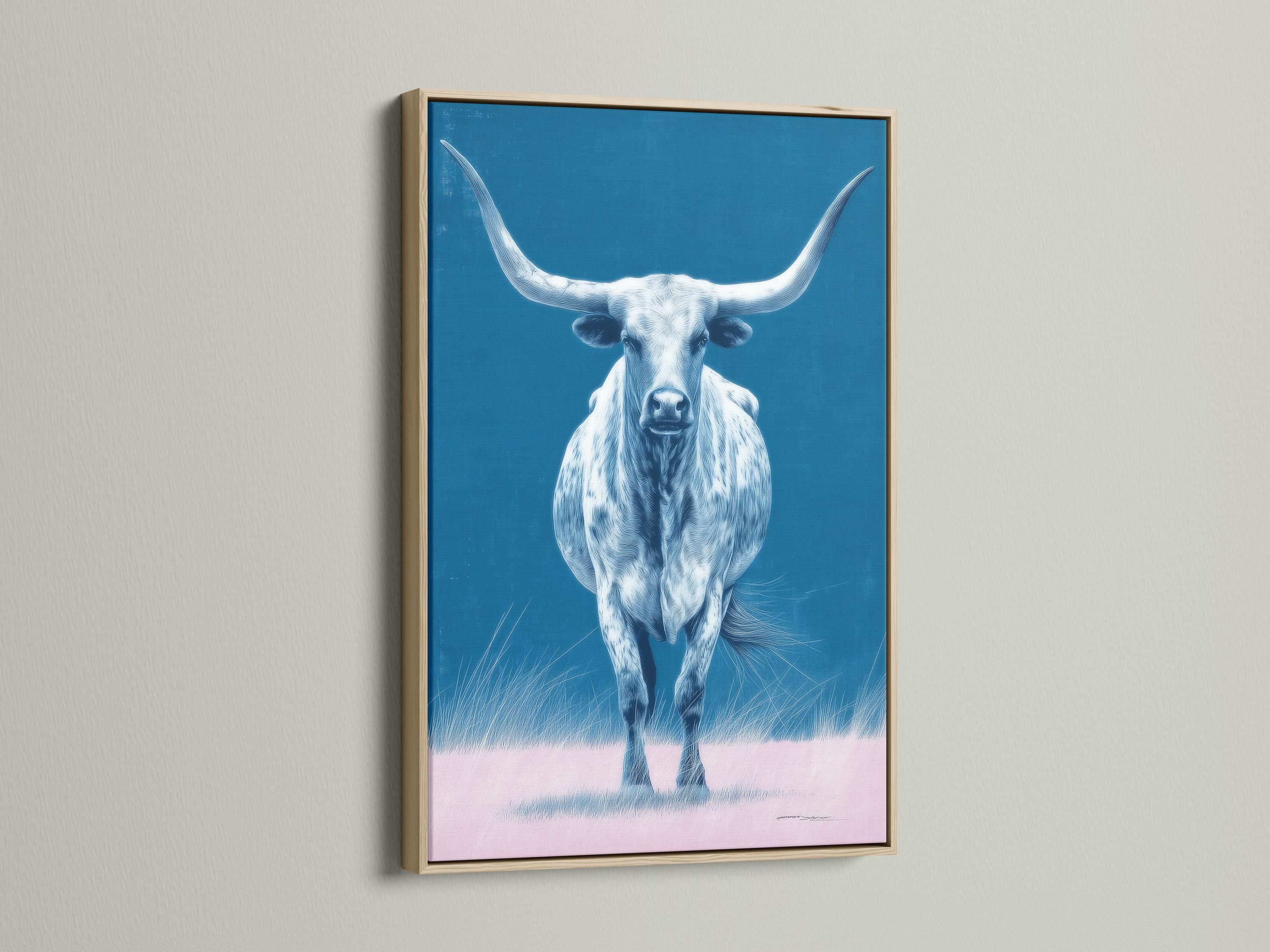 A blue-toned longhorn bull portrait with sweeping horns and a calm, painterly look, set against a bright sky-blue background and pale grass