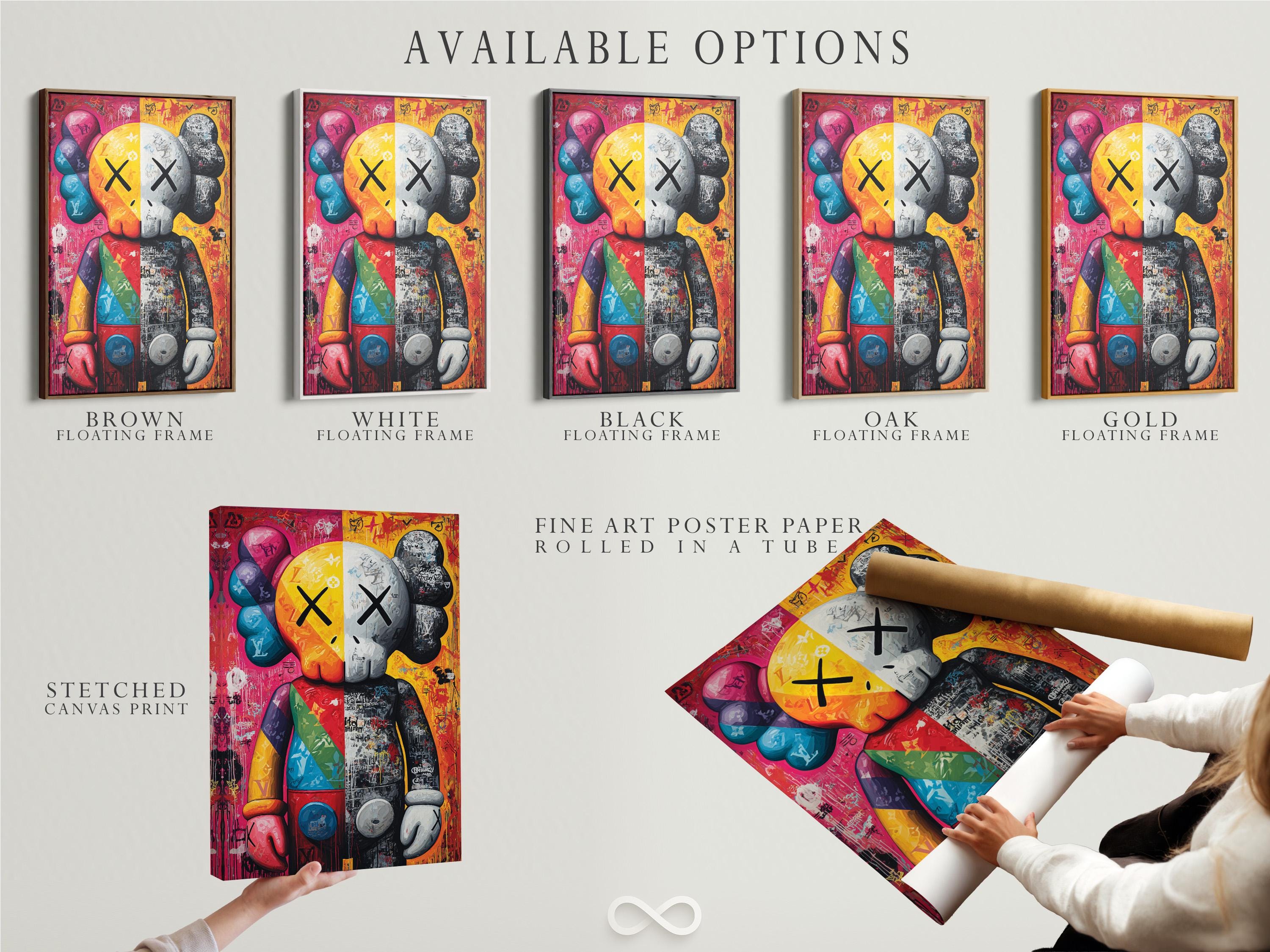Vibrant graffiti pop art portrait with hot pink, yellow, blue and black-and-white sections detail view