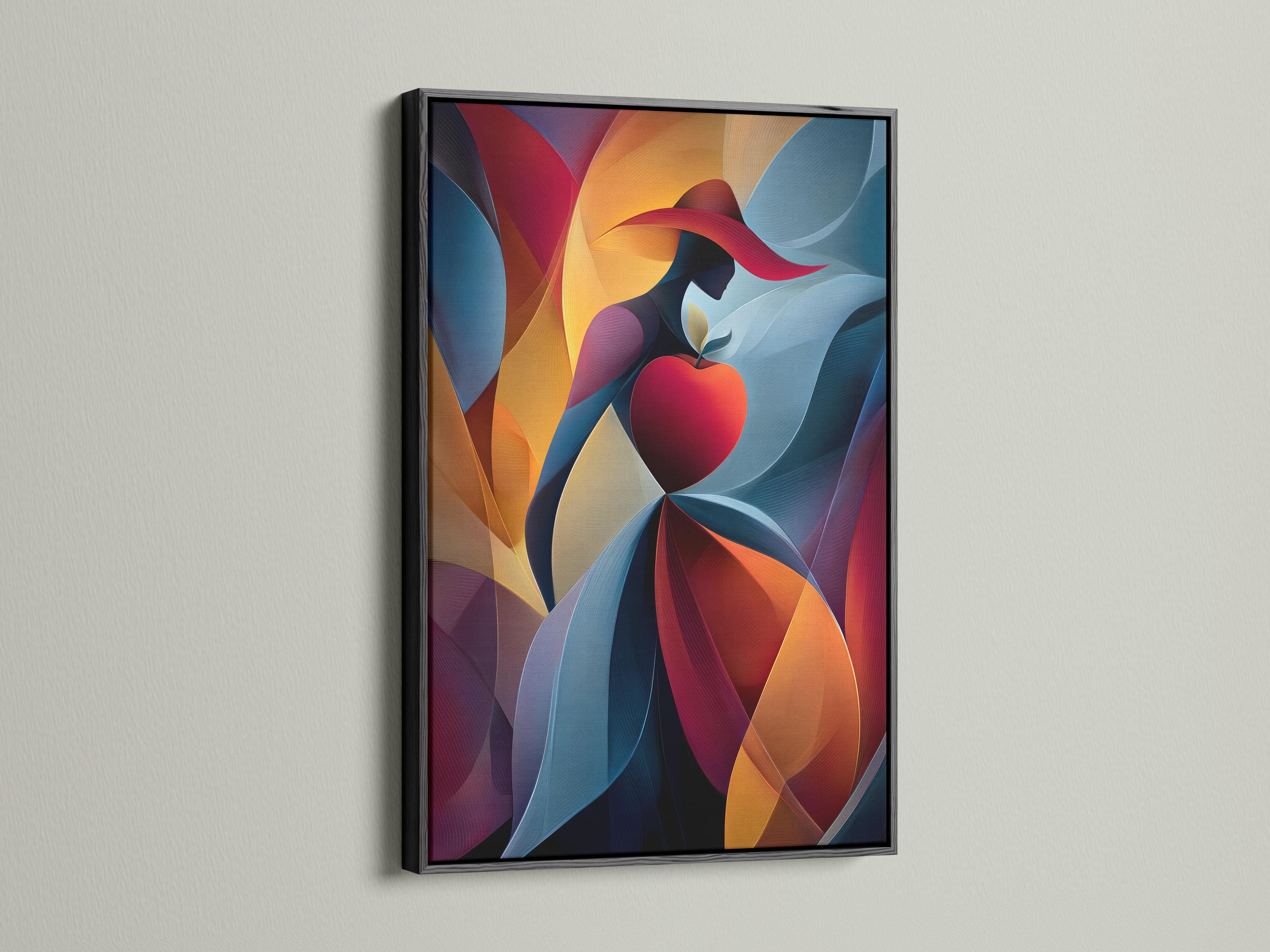 Abstract woman silhouette with a red heart, ribbon-like curves, and blue, red, gold colours detail view