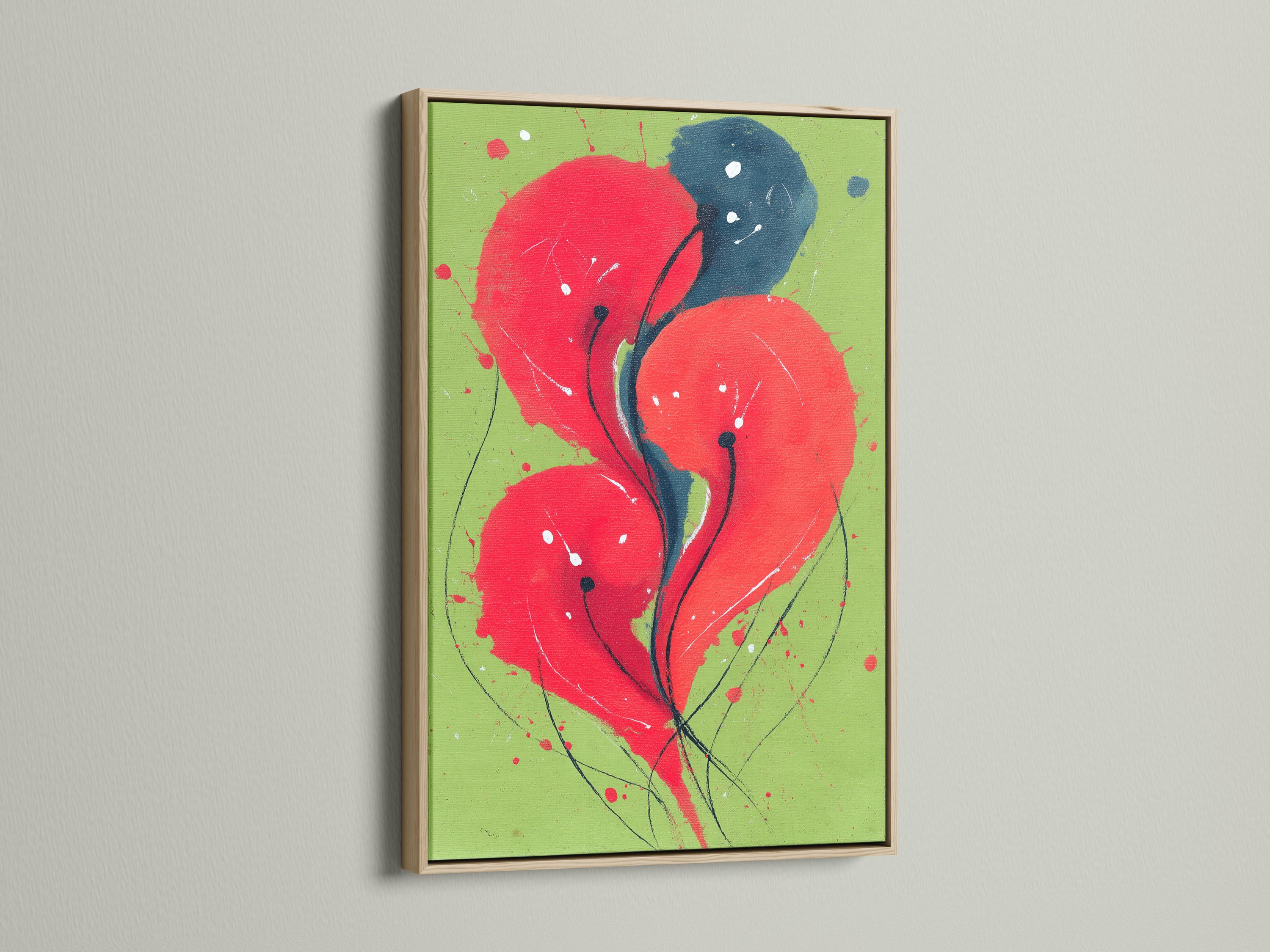 Abstract floral artwork with red blooms and deep blue petals on a lime green background detail view