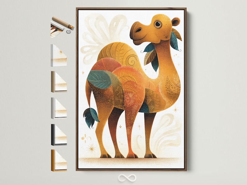 Illustrated camel with warm ochre body, teal leaf details and gold star flecks on an off-white background