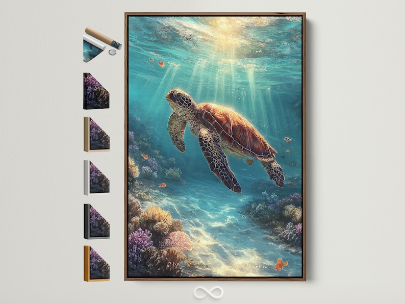 Underwater ocean scene with a swimming sea turtle and coral reef below